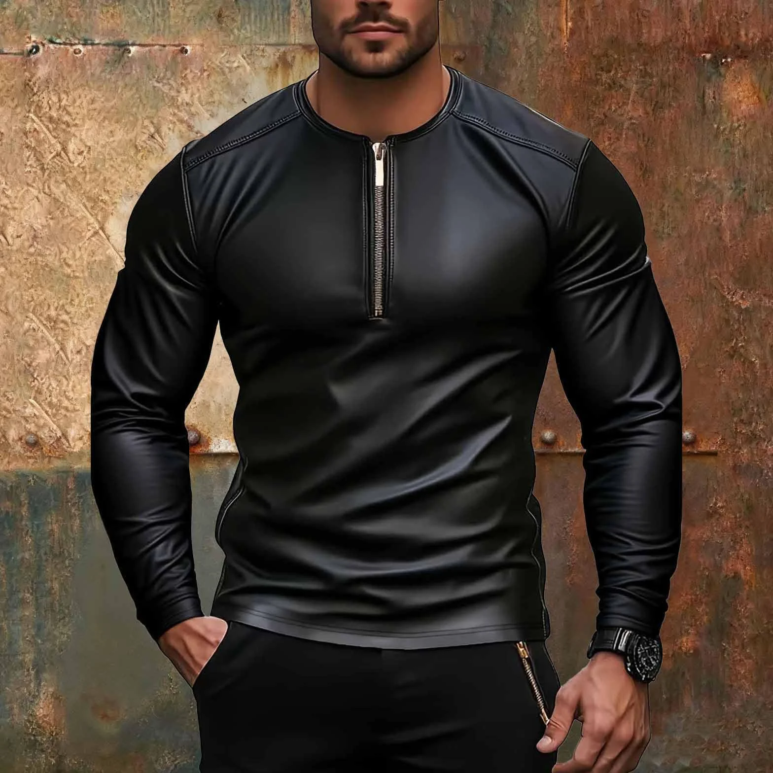 PU Leather Long Sleeve Shirt for Men Wet Look Zipper Casual Clubwear
