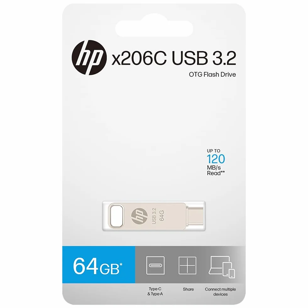 HP 64GB x206c USB OTG 3.2 Tipo-C/Tipo-A Unità Flash in Metallo, fino a 120MB/s in lettura