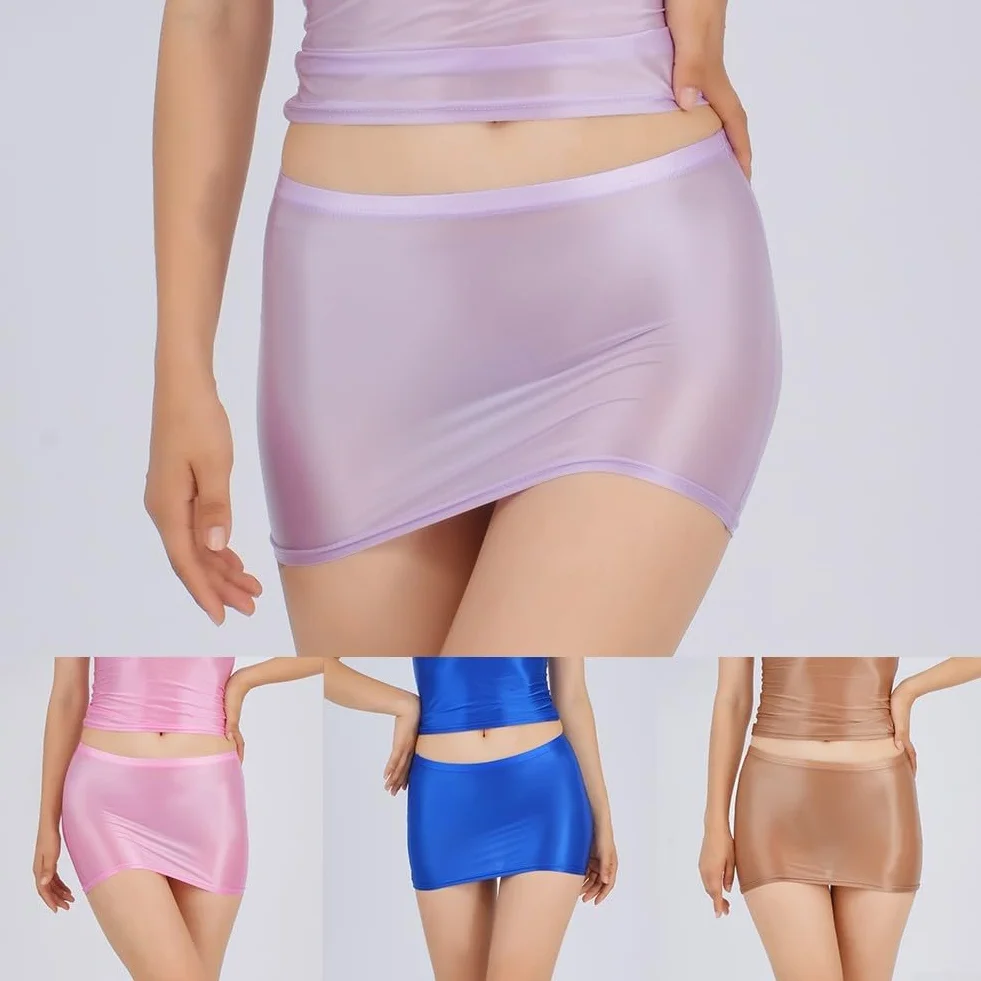 Minigonna sexy da donna in stile lingerie con texture seta oleosa lucida