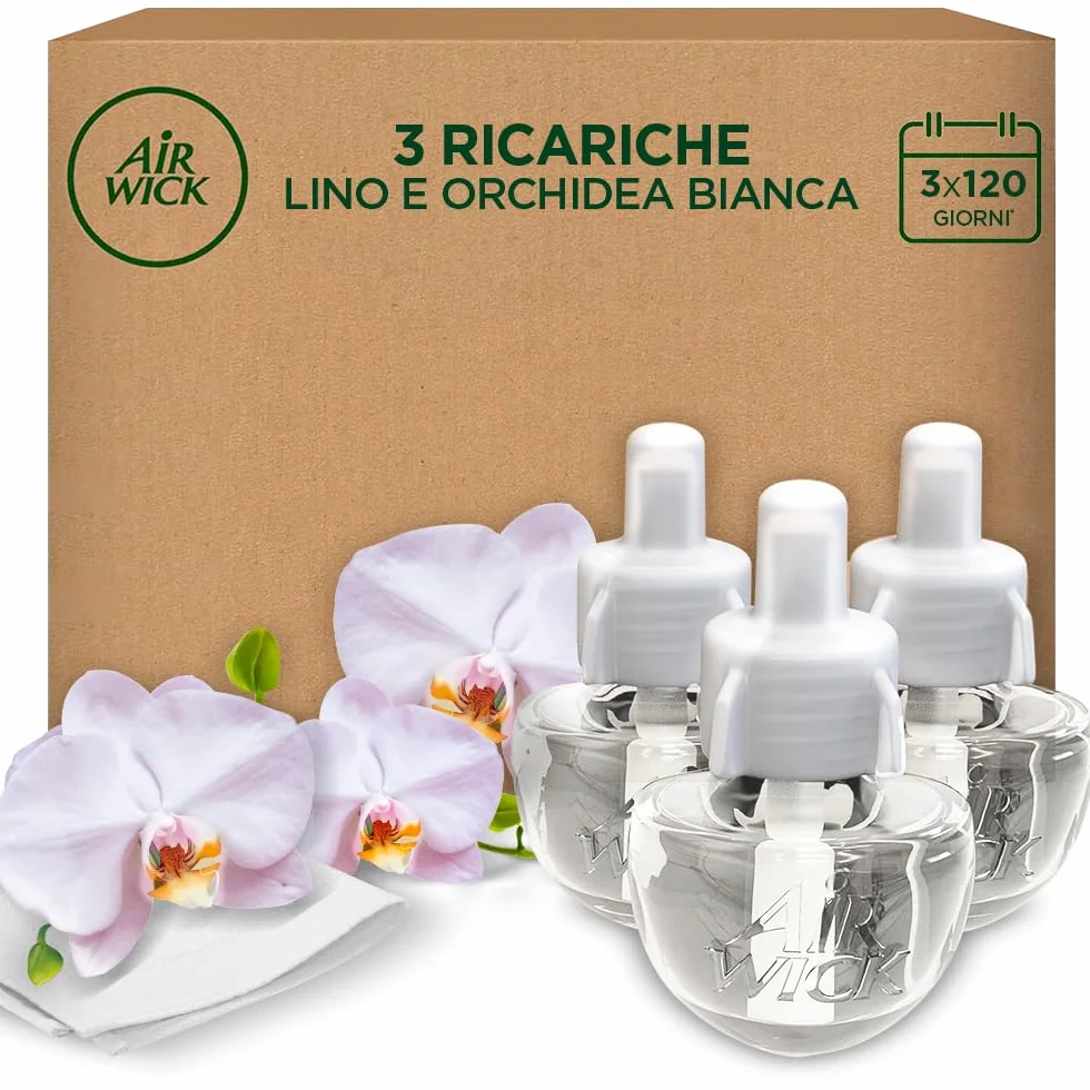 Air Wick Ricarica Diffusore Elettrico Oli Essenziali, 3 Ricariche, Fragranza Lino e Orchidea Bianca, 3x19ml