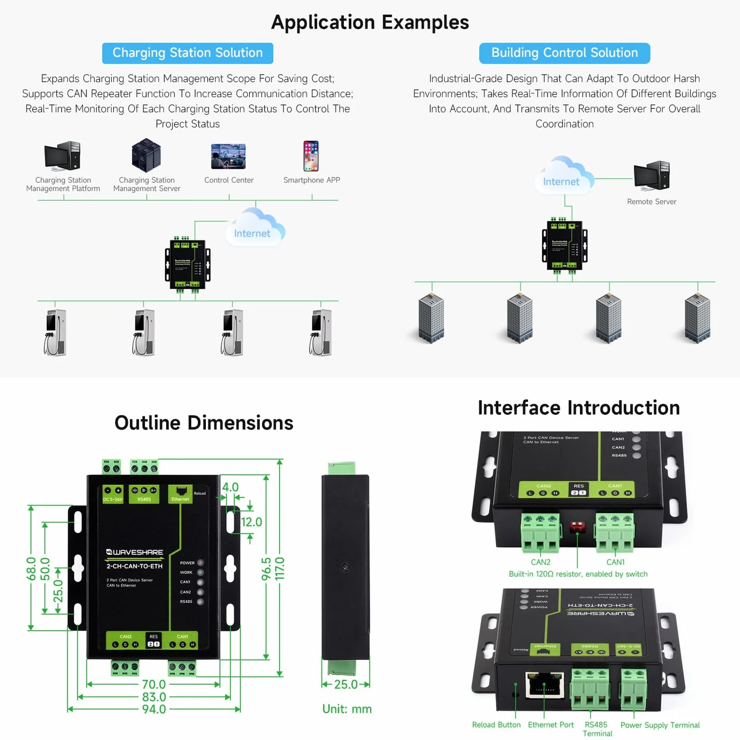 Waveshare Industrial Grade 2-Ch CAN to Ethernet Server, 2-Ch CAN + RS485 + Ethernet Port, Aluminium Alloy Case