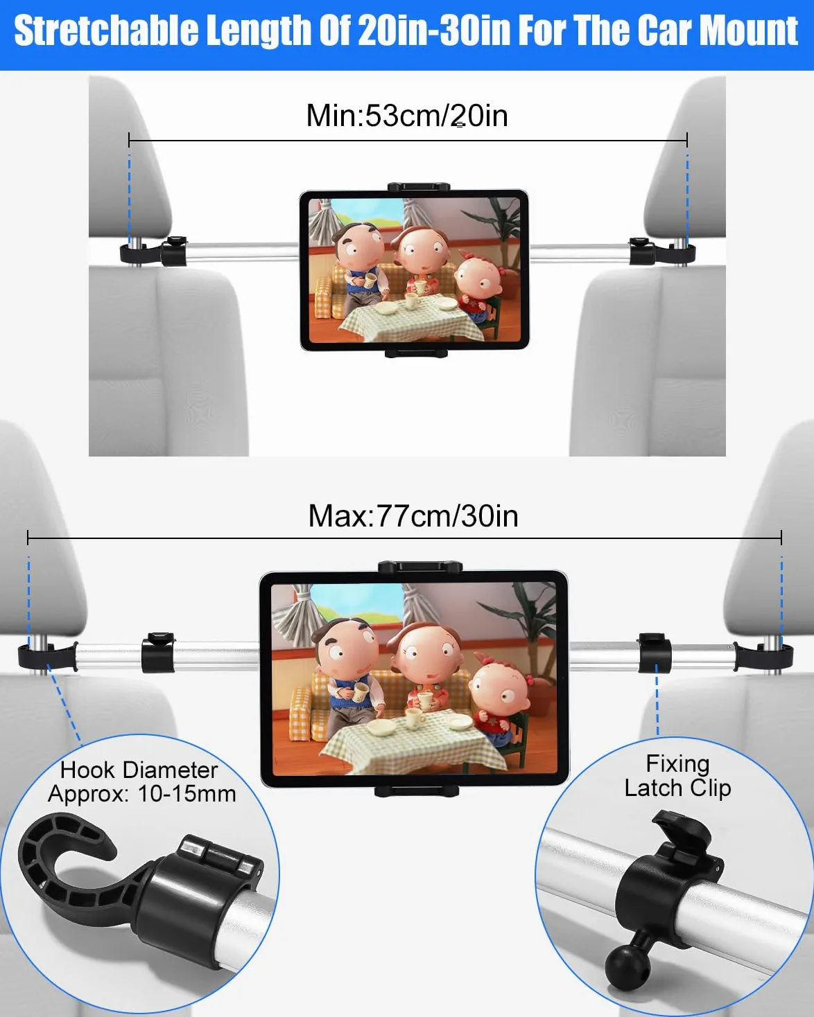 Metallo Porta Tablet da Auto, Supporto Tablet Auto Poggiatesta con 4 ganci di seduta, Universale Porta Tablet Auto Posteriore con Asta Telescopica per 4,7-12,9" iPad Pro Mini, Switch, Cellulare