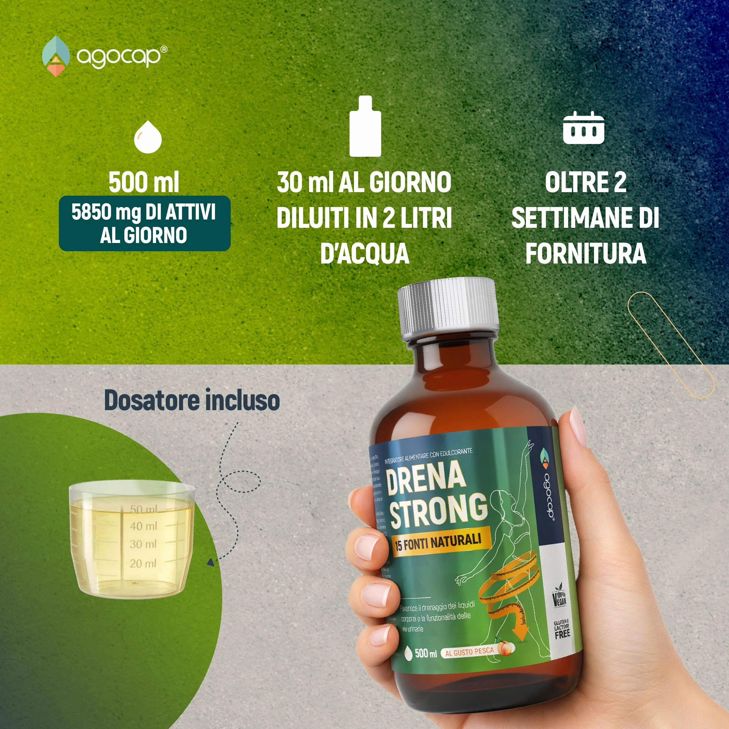 Integratore Alimentare Liquido Pilosella Tarassaco Bromelina Centella Asiatica 15 Estratti Naturali 500 ml Gusto Pesca