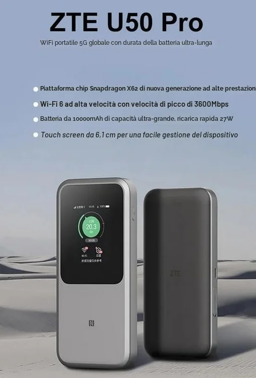 ZTE U50 Pro 5G Portable WiFi 6 3600Mbps Hotspot Router con slot per scheda SIM 10000mAh 27W Ricarica Rapida