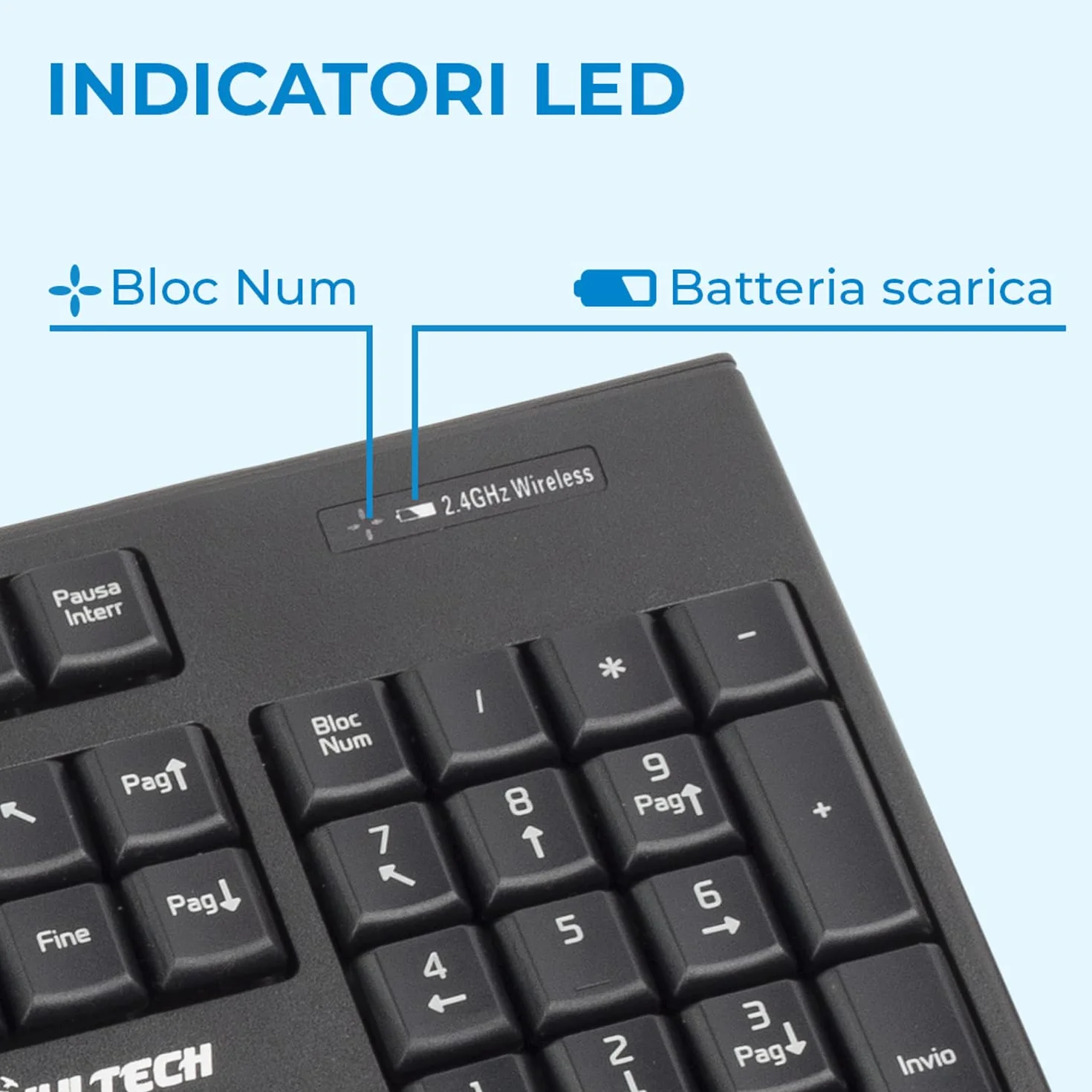 Vultech KM-821W Kit Tastiera e Mouse Wireless 2.4 GHz. Design ergonomico, Layout italiano, Tastierino numerico, tasti silenziosi, per PC/Laptop, Nero. Compatibile con Windows, Linux
