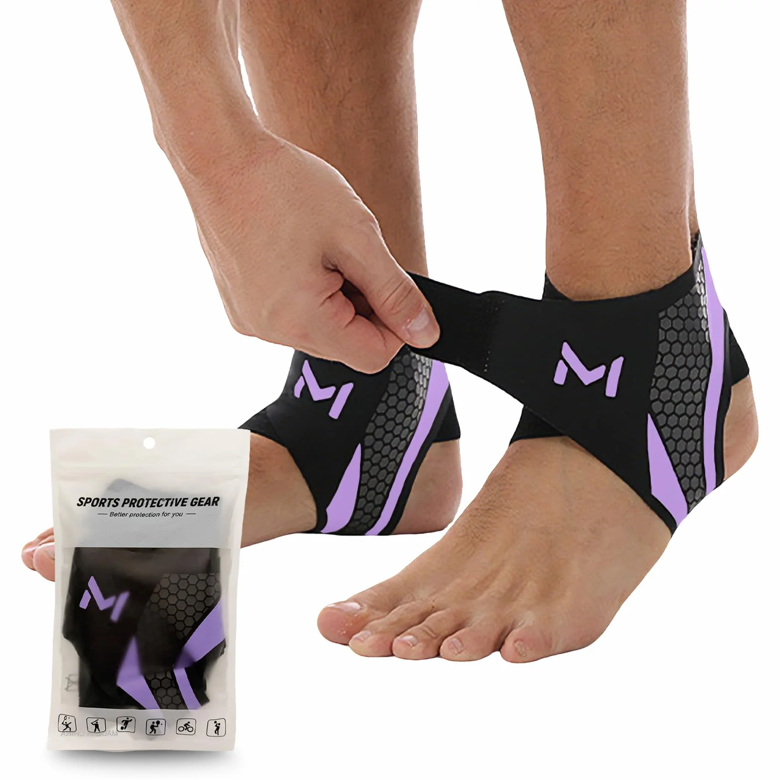 Cavigliera Sportiva 2 Pezzi – Supporto Elastico in Nylon Traspirante con Doppia Fascia Regolabile a U, Unisex, per Corsa, Calcio, Fitness, Recupero Articolare (Taglia unica Nero + Viola)