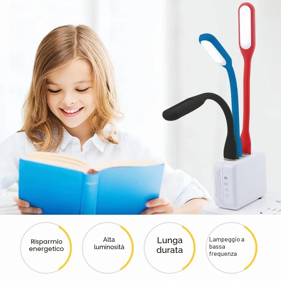 KARELLS LED USB Portatile - Lampada Flessibile per Tastiera e Laptop con 4 Lucette e Tappi Orecchi