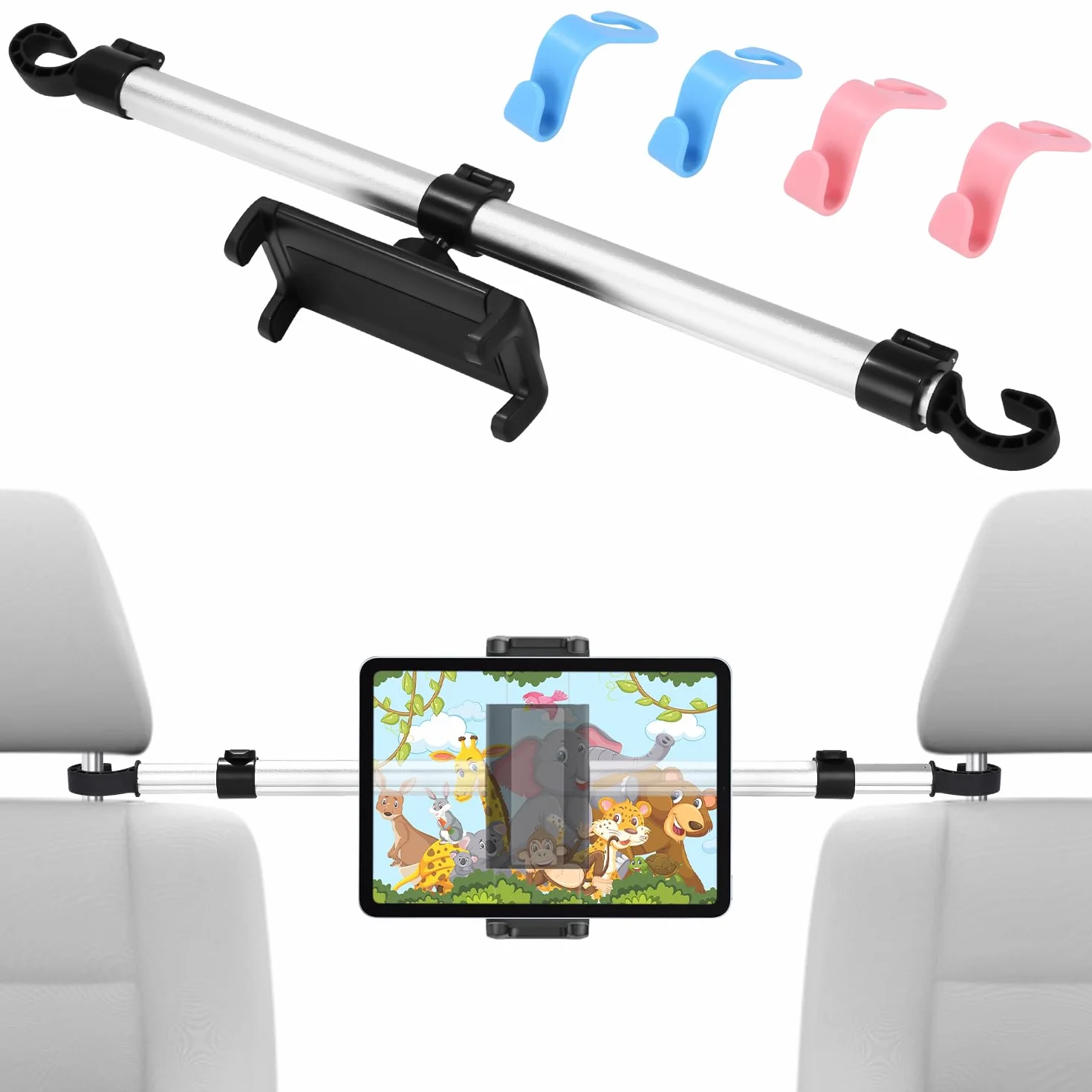 Metallo Porta Tablet da Auto, Supporto Tablet Auto Poggiatesta con 4 ganci di seduta, Universale Porta Tablet Auto Posteriore con Asta Telescopica per 4,7-12,9" iPad Pro Mini, Switch, Cellulare