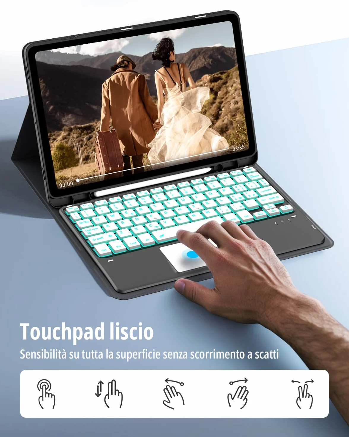 CACOE Cover con Tastiera Compatibile con Samsung Galaxy Tab S10 Lite / S10 FE / S9 FE/S9 10.9"/11" (2025/2023) con Touchpad, Tastiera Wireless Staccabile con Illuminazione a 7 Colori, Nero
