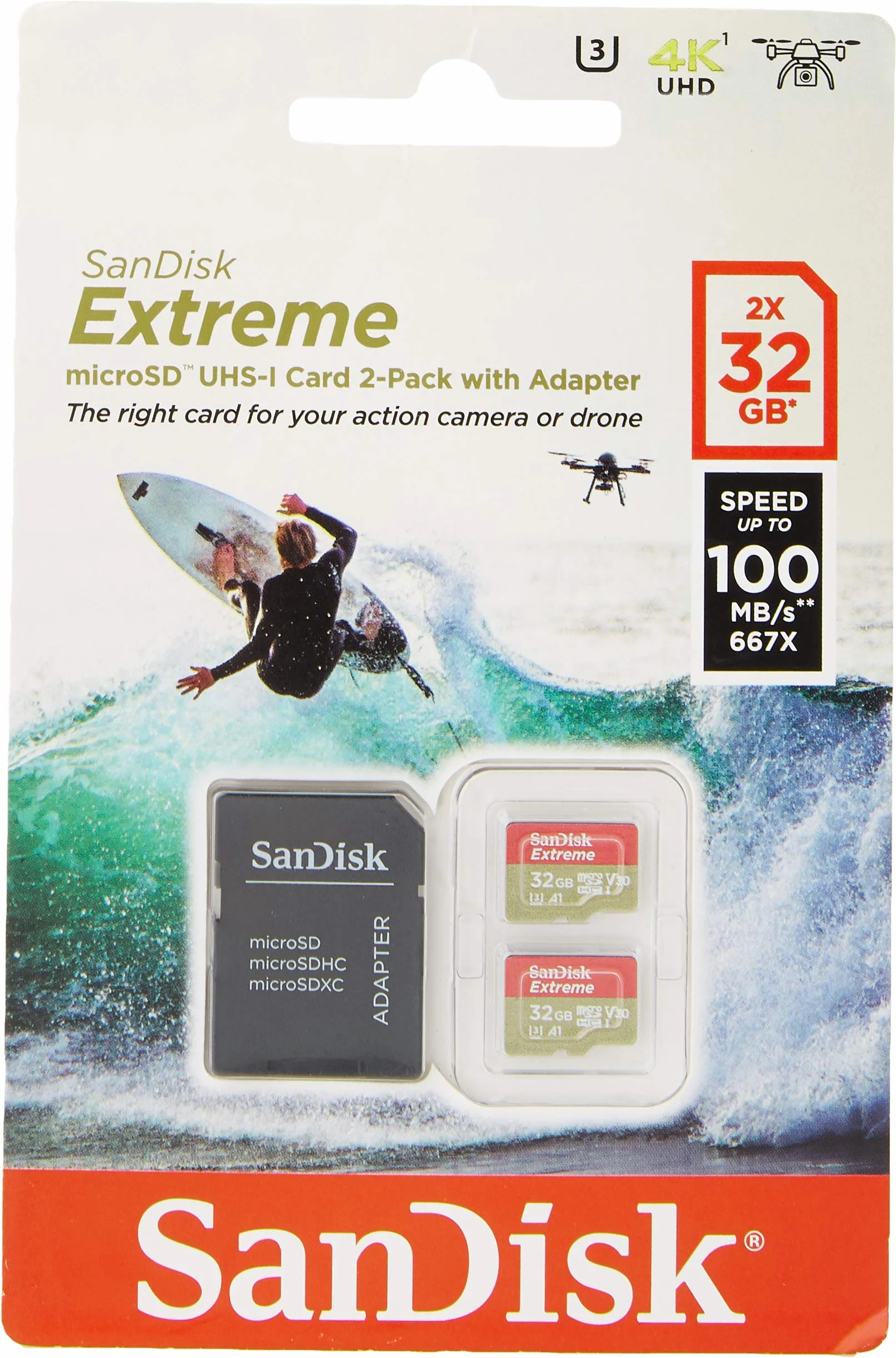 SanDisk Extreme 32 GB microSDhC Memory Card for Action Cameras and Drones with A1 App Performance up to 100 MB/s, Class 10, U3, V30 - Twin Pack