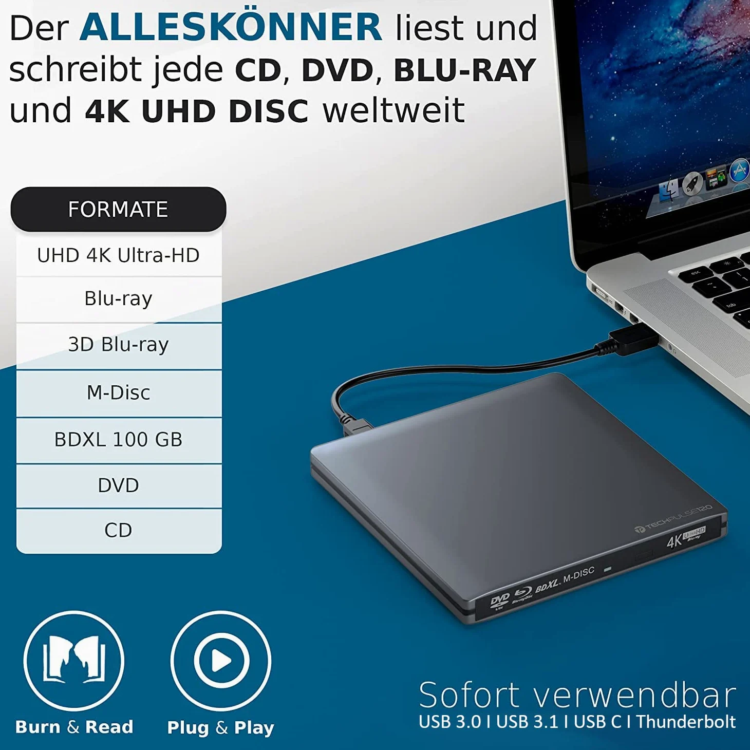 techPulse120 Masterizzatore esterno USB 3.1 Type C UHD HDR 4k 3D MDisc BDXL masterizzatore Blu-Ray Burner Superdrive BD DVD CD Alluminio Grigio