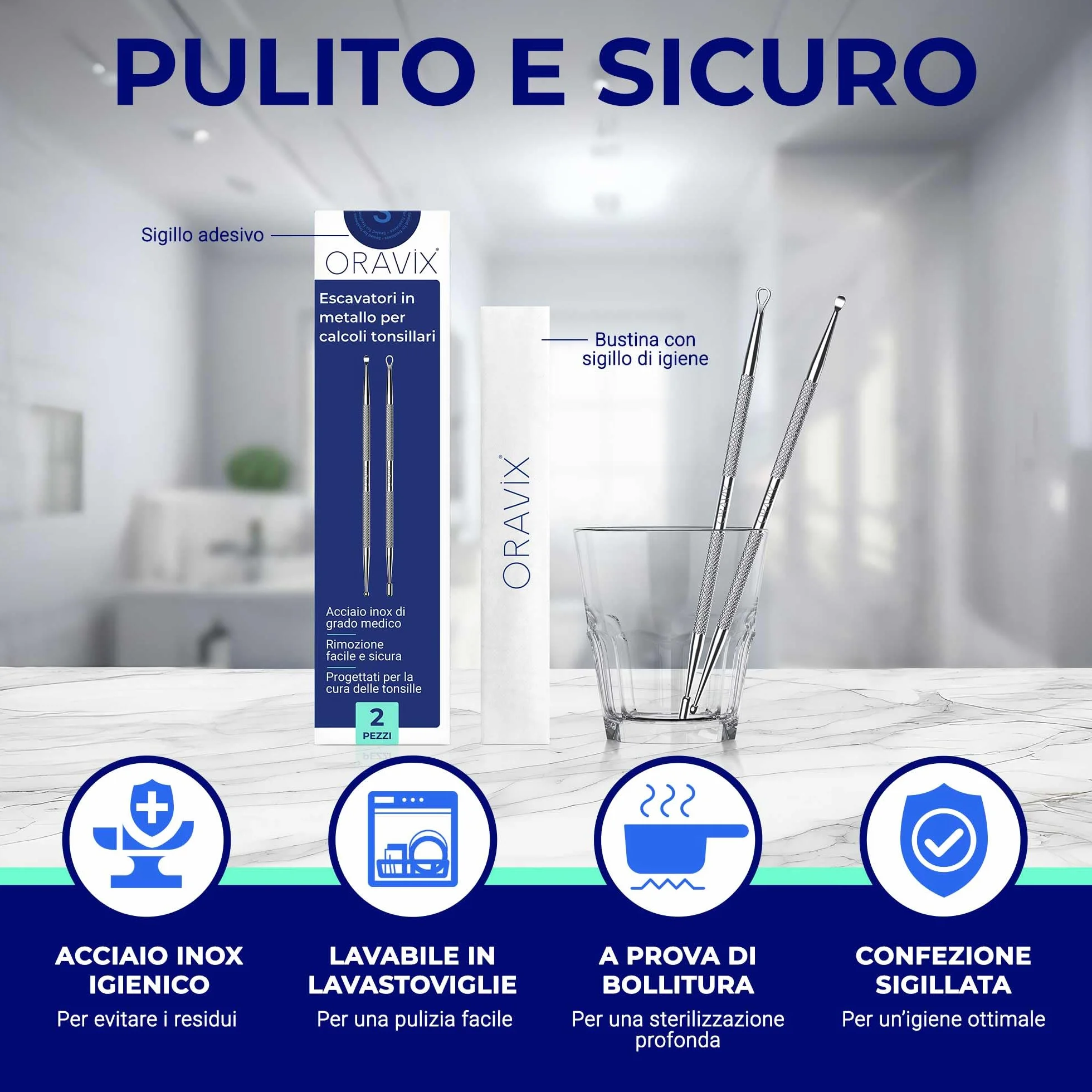 ORAVIX Escavatore Rimozione Calcoli Tonsillari Set 2 Unità 18 cm Strumento Metallo con 10 Punte Silicone