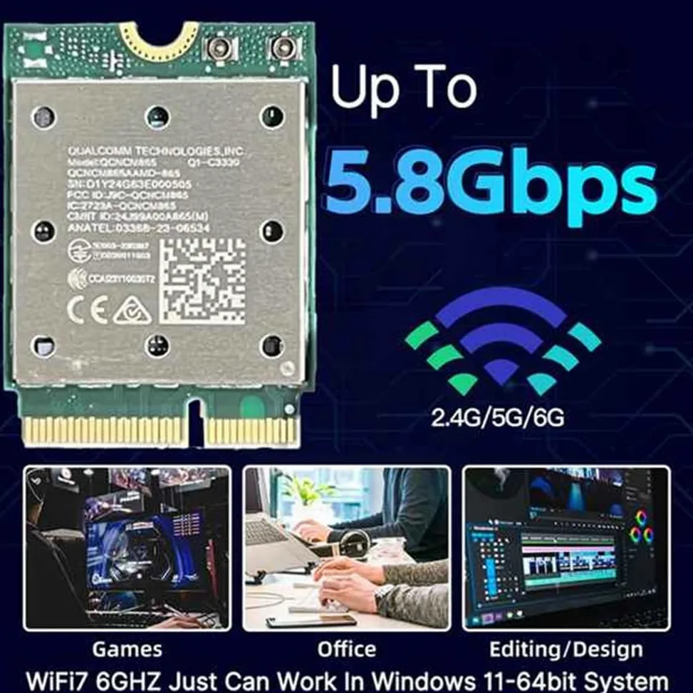Scheda WiFi Wireless Tri Band WiFi7 QCNCM865 Bluetooth 5.4 Adattatore di Rete Wireless Tri Band 2.4G/5G/6Ghz per Antenna Win11