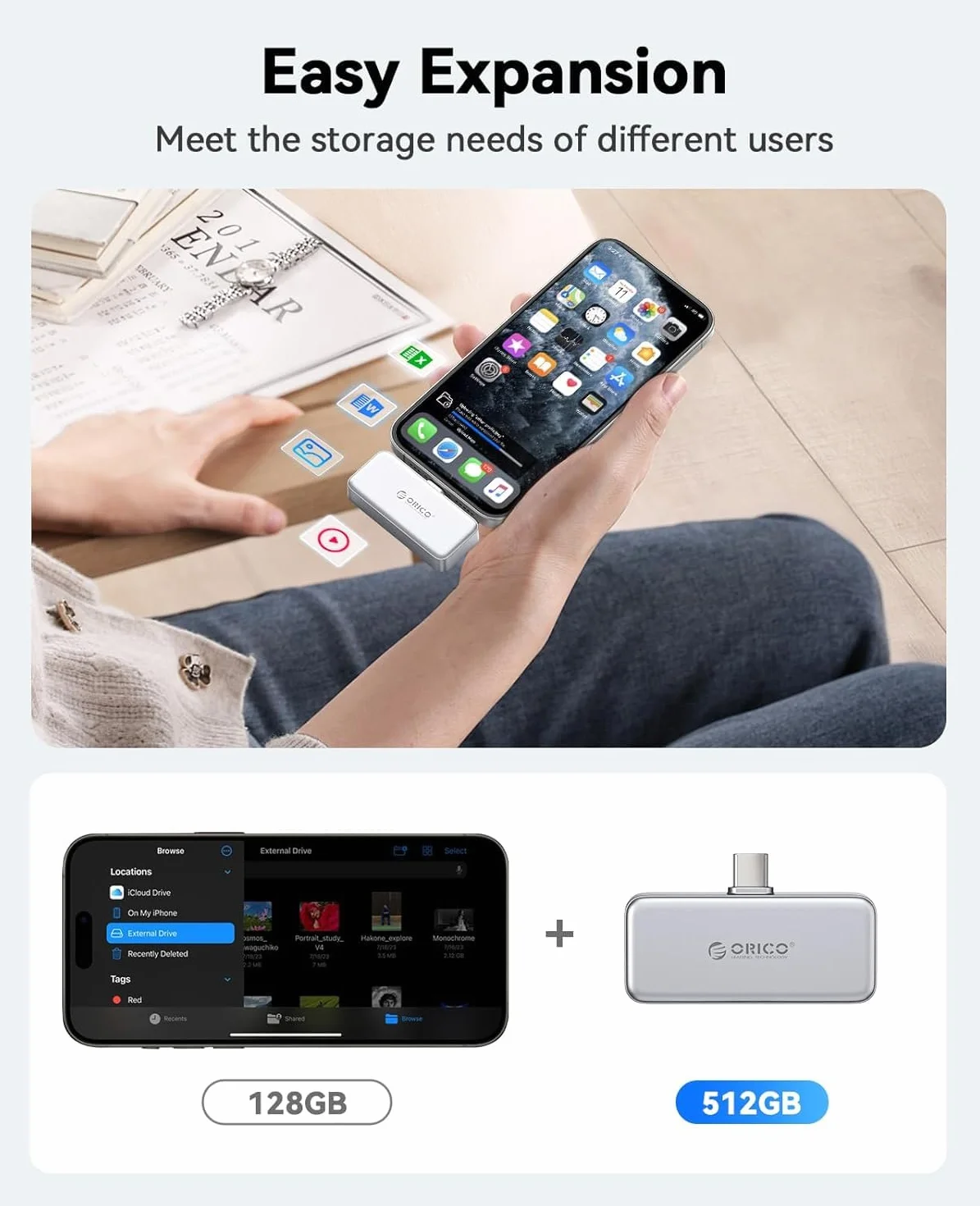 ORICO SSD Esterno da 512 GB Fino a 2000 MB/s FlashPod, SSD Portatile per Registrazione e Archiviazione ProRes 4K 60 Hz, Compatibile Solamente Con iPhone 17/16/15 Series, Smartphone e Computer