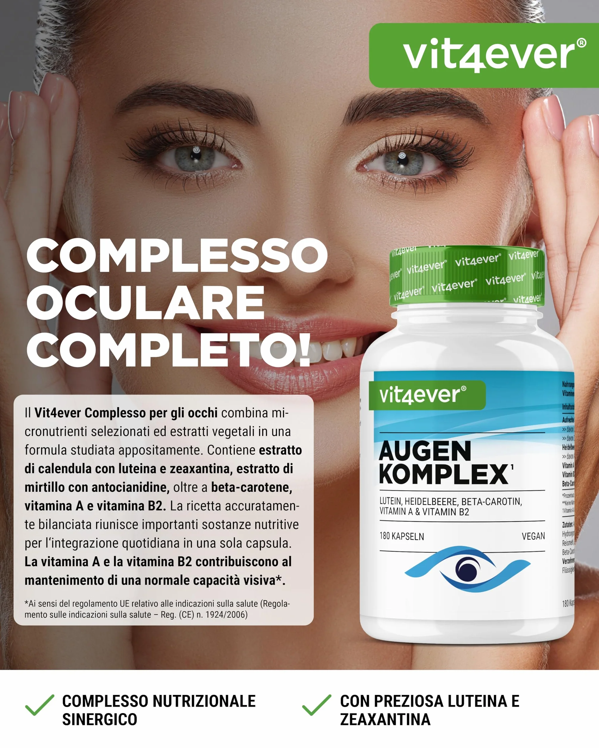 Complesso Vitaminico per gli Occhi 180 capsule con Luteina, Zeaxantina, Estratto di Mirtillo, Beta-Carotene, Vitamina A e B2 - Vegano, alto dosaggio