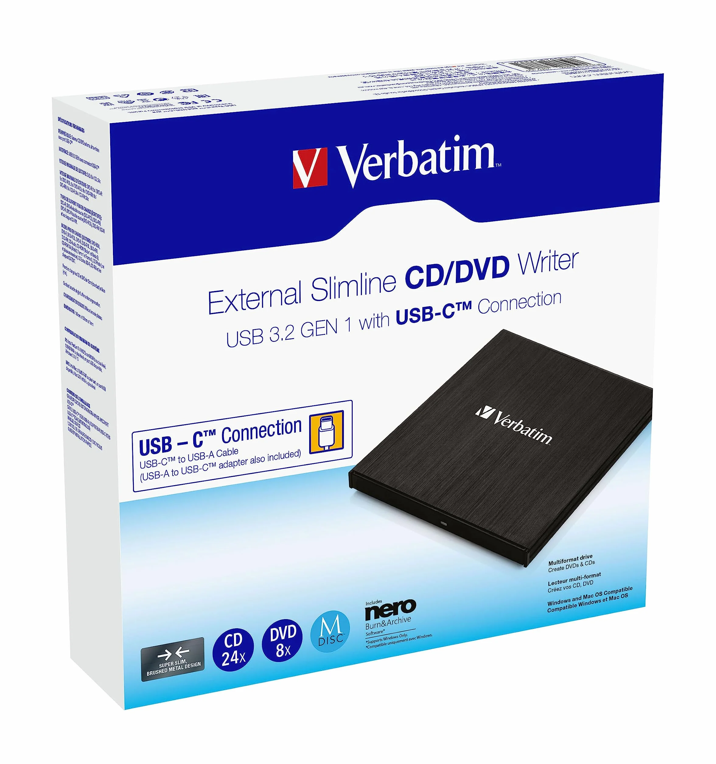Verbatim Lettore CD/Dvd Esterno Slimline - USB 3.2 Gen1 con Porta USB-C con Cavo USB-C a USB-A e Design Compatto da Viaggio, in Metallo Spazzolato