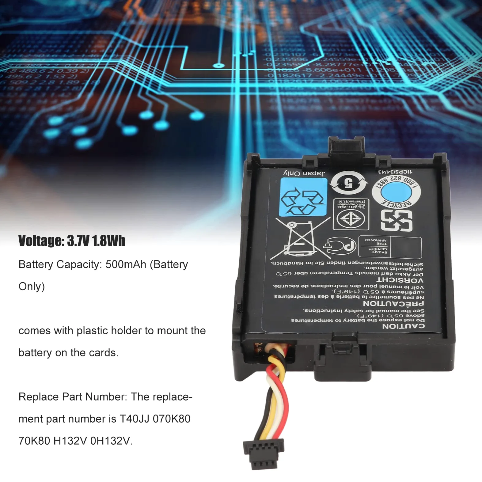 ciciglow Batteria T40JJ 70K80, per PERC Raid H710 H730 H810 H830 3,7 V 1,8 Wh 500 mAh Batteria Controller Raid Ampiamente Compatibile Installazione e Utilizzo