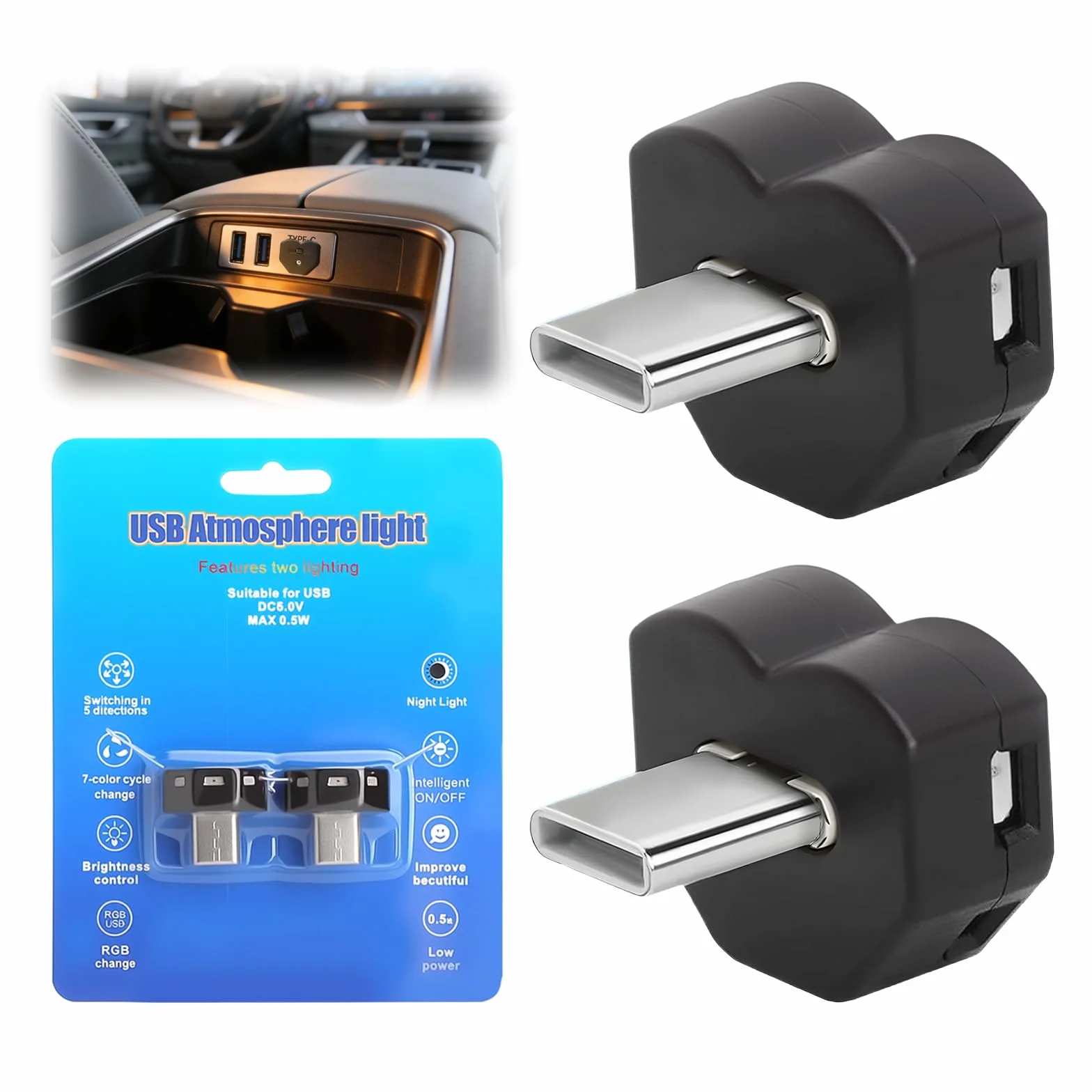 2PCS Luce USB C Con Orientamento Luminoso Regolabile a 5 Direzioni Luce USB C Auto 8 Colori Rgb Con Modalità Fissa o Automatica Illuminazione Atmosferica Led Interni Type-C Per Auto Camera e Campeggio