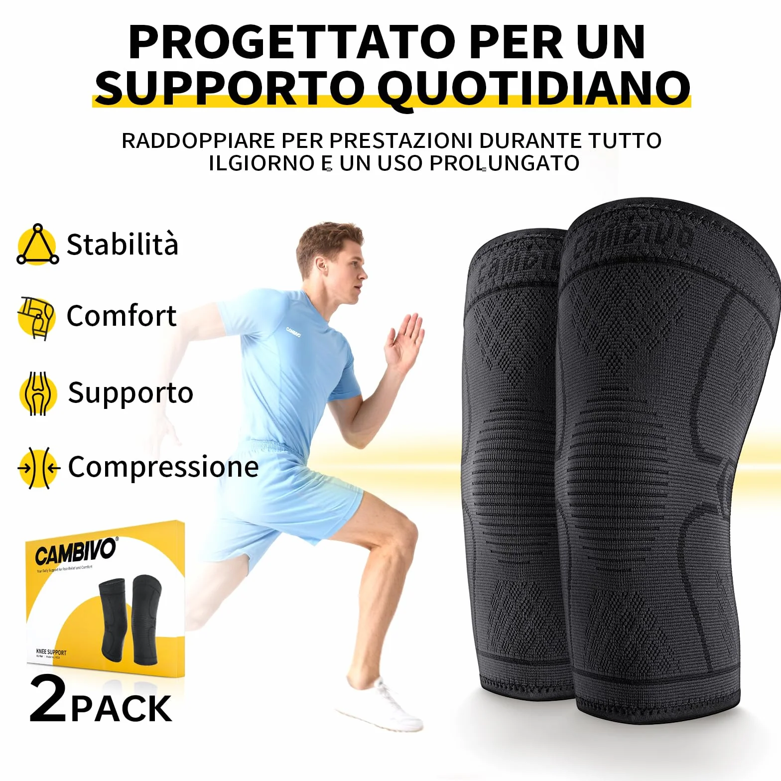 CAMBIVO 2 Pezzi Ginocchiera Ortopedica Compressione Tutore Antiscivolo Ginocchiere Elastica Legamenti Menisco Sport Corsa Gym