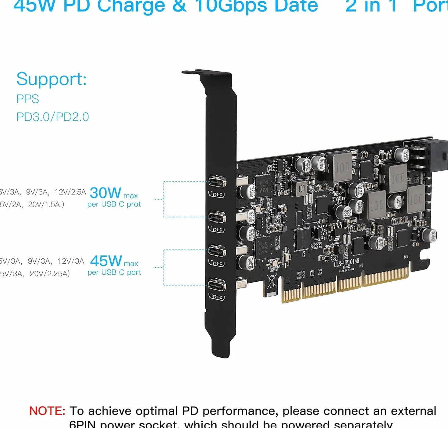 Scheda PCIe USB 3.2 Gen 2 (Power Delivery), 4 Porte Type-C (2 * 45W+ 2 * 30W) Scheda PCI Express USB da 10 Gbps con ricarica rapida per PC Desktop