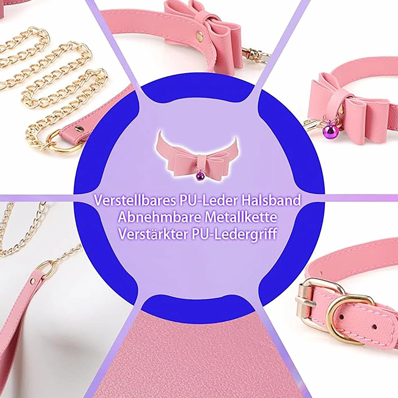 Collare BDSM Rosa in Pelle Sintetica con Guinzaglio Rimovibile Regolabile per Donna Cosplay