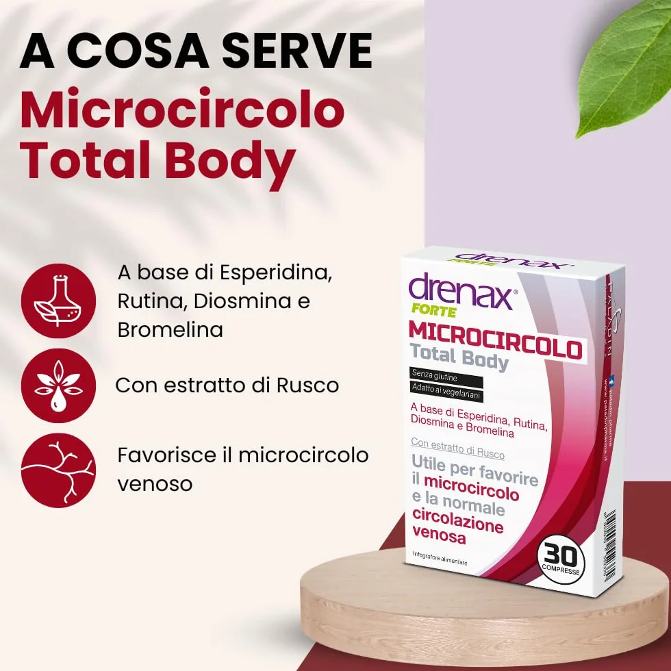 Drenax Total Body 30 Compresse Microcircolo Circolazione Venosa Gambe Gonfie Rutina Bromelina Rusco Flavonoidi Senza Glutine