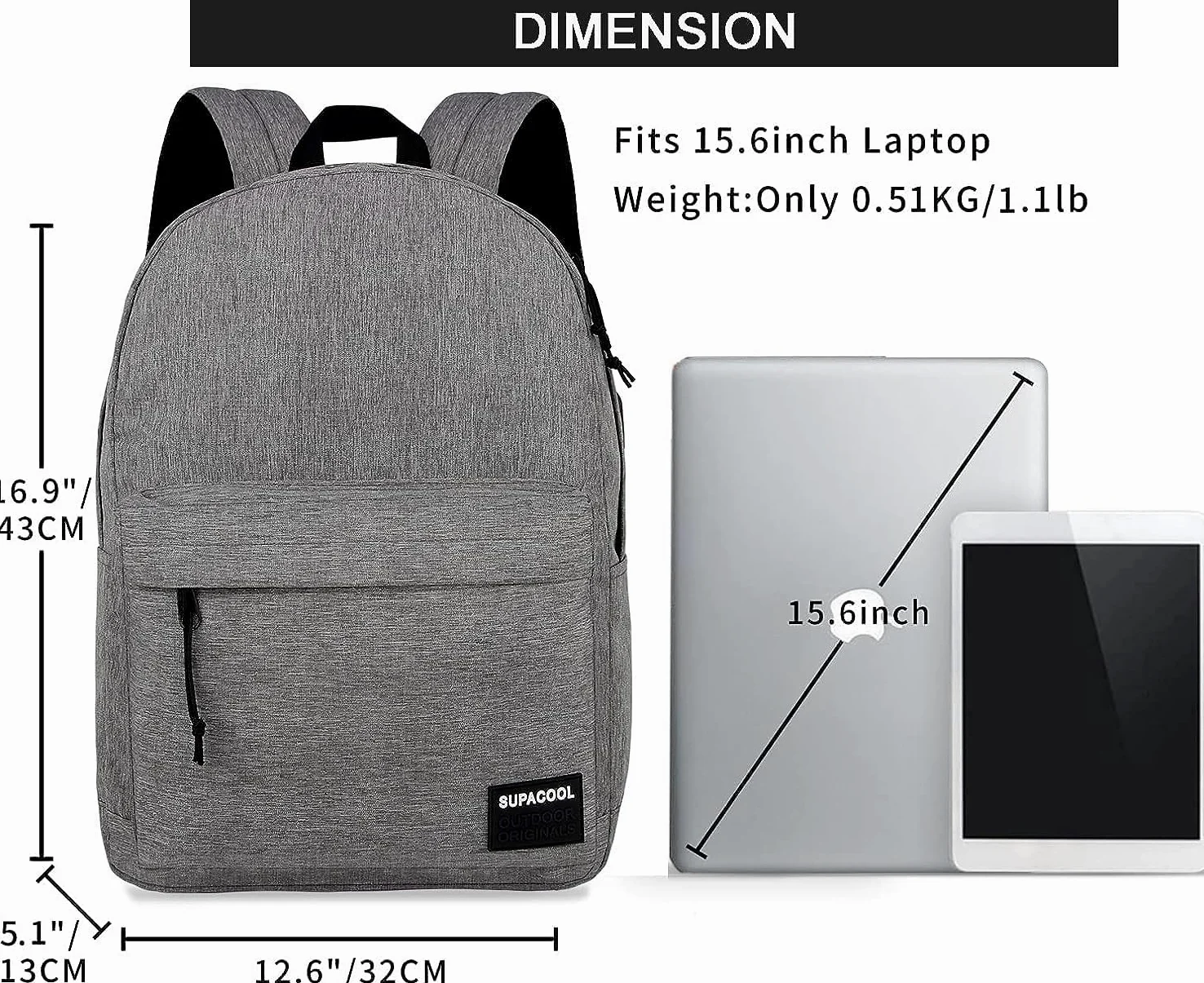 SUPACOOL Zaino leggero e casual con porta di ricarica USB per uomini e donne, borsa per libri di scuola per college, Big Size, laptop(Light Grey)