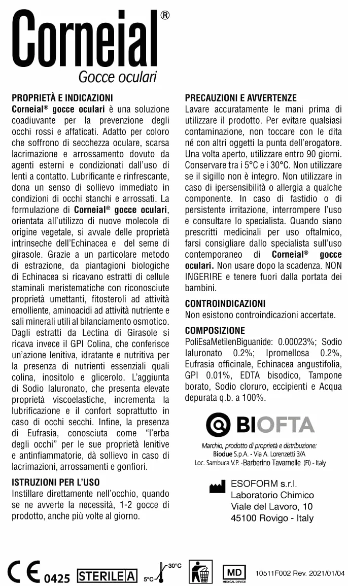 CORNEIAL gocce oculari con Acido Ialuronico e GPI per occhi rossi, prurito, infiammazione