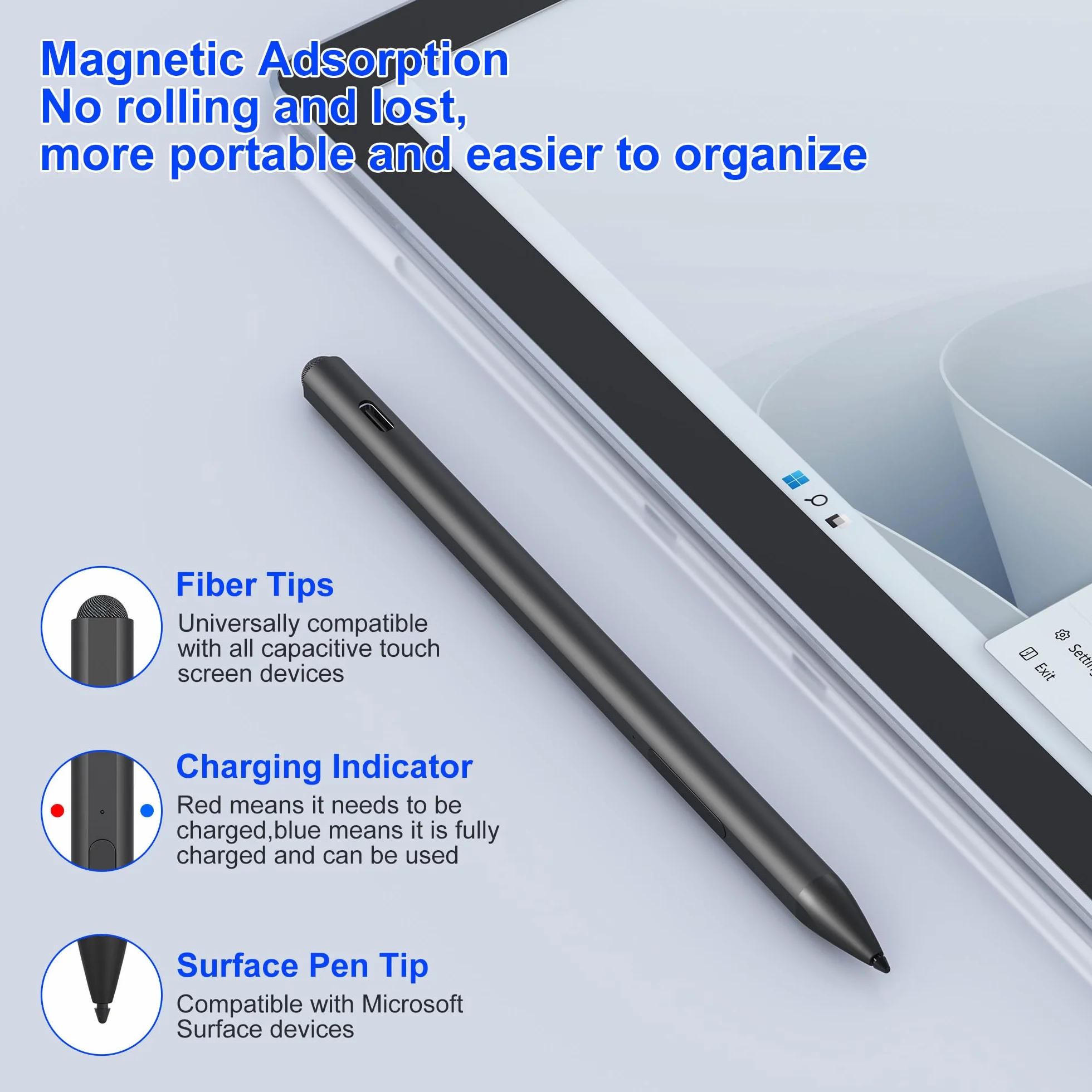Penna stilo per Microsoft Surface - 4096 Tilt Pressure+75 giorni di durata della batteria, stilo per Surface Pro 9/8/7/6/5/4/3/X, Surface Go 3/Book 4/Book 3/Laptop 5/Laptop 4/3/Studio 2