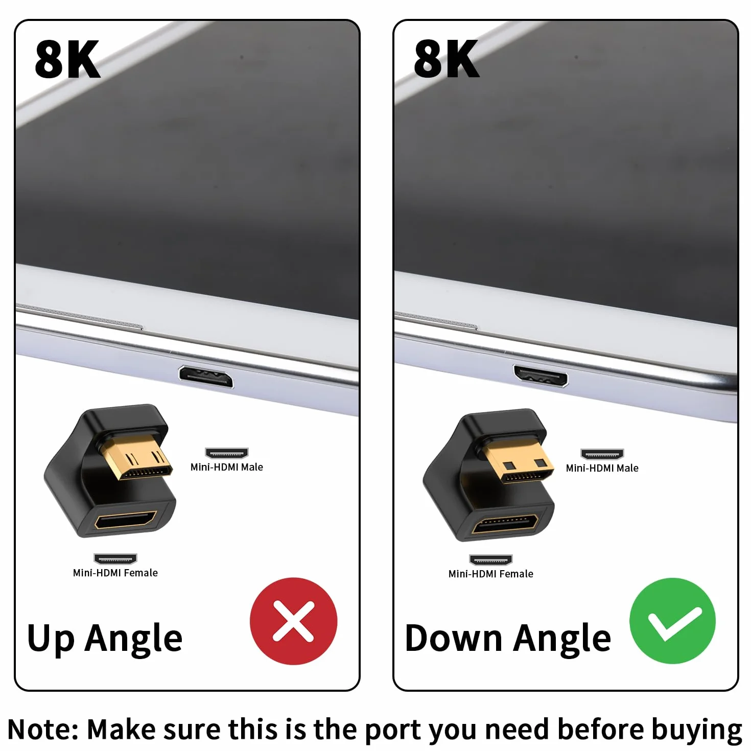 Duttek Mini adattatore HDMI 8K a forma di U, 48 Gbps angolo verso il basso, mini adattatore HDMI maschio a femmina, adattatore mini HDMI a 180 gradi con indicatore LED di lavoro per fotocamera,