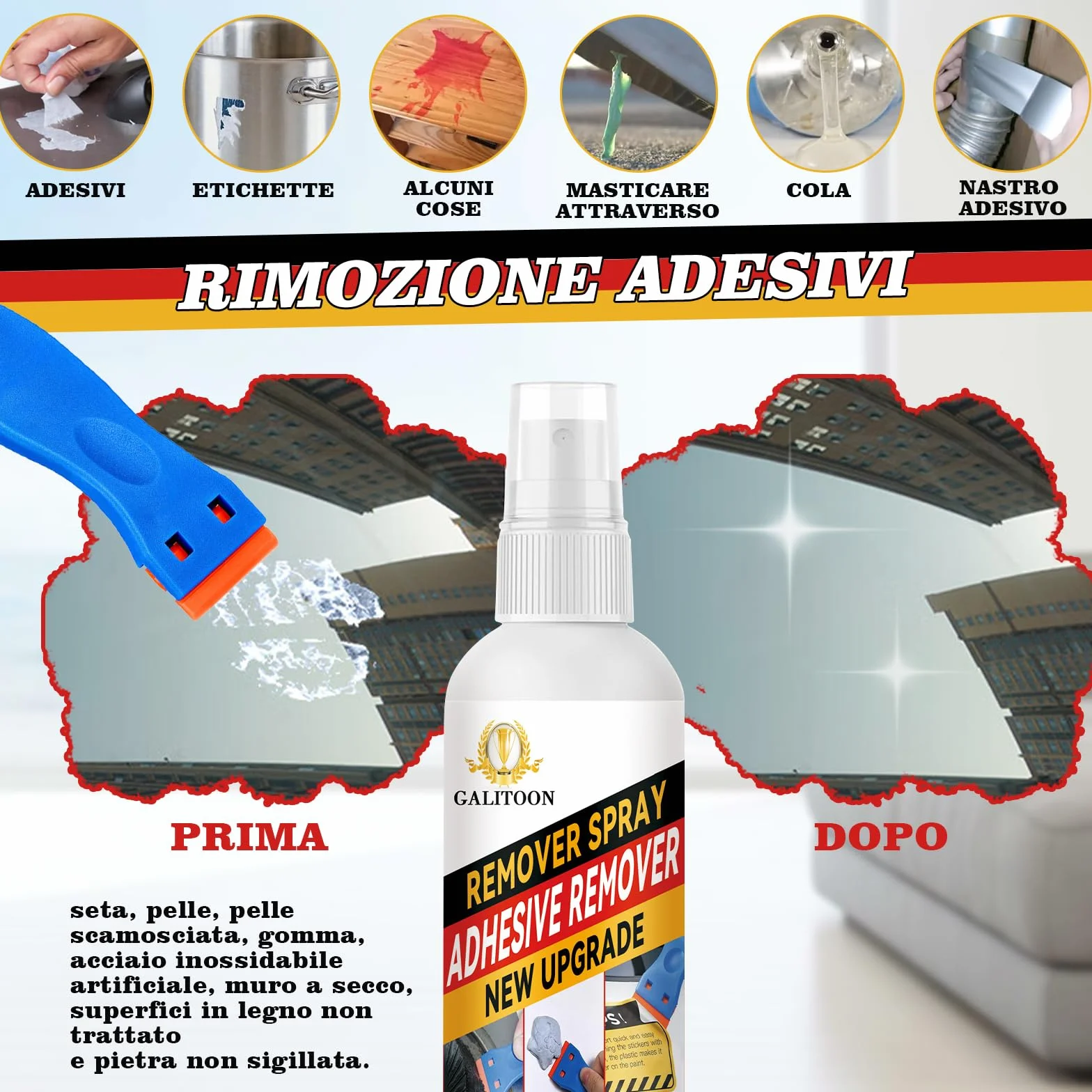 Rimuovi Colla Adesivi Spray 120ml con Raschietto in Plastica