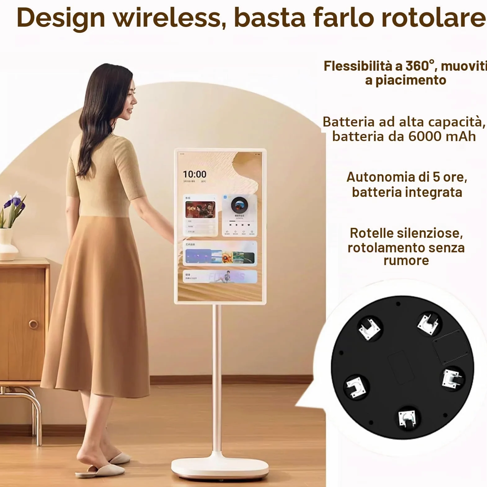 Smart TV Portatile Touch Screen da 21,5 Pollici, TV Mobile su Ruote con Sist-ema Operativo Android, 4 GB + 64 GB di Memoria, Batteria Integrata da 6000 mAh White-4+64G