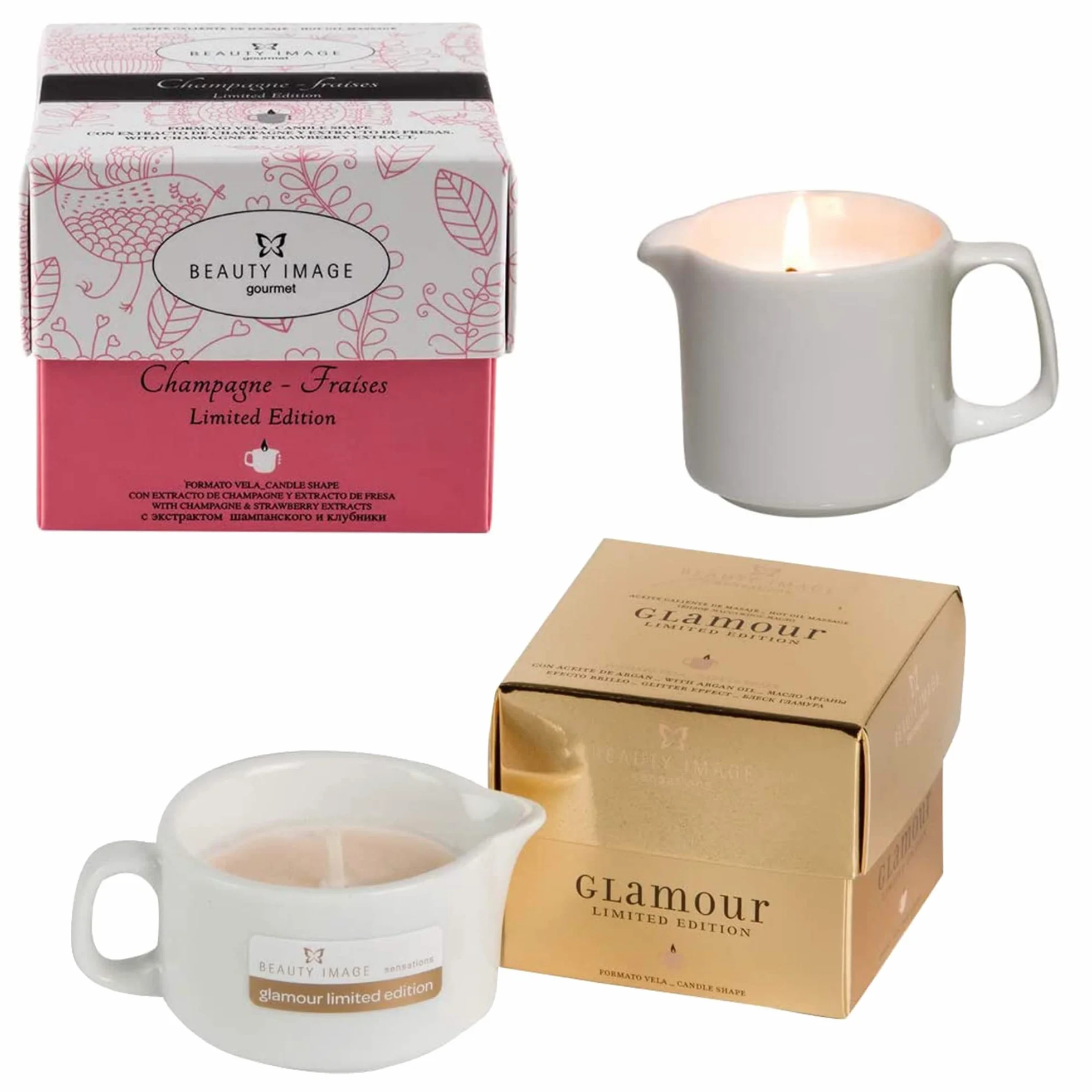 BEAUTY IMAGE Candele da Massaggio Luxe Oro Lucido 2 Pezzi Profumo Champagne Fragola Olio Caldo