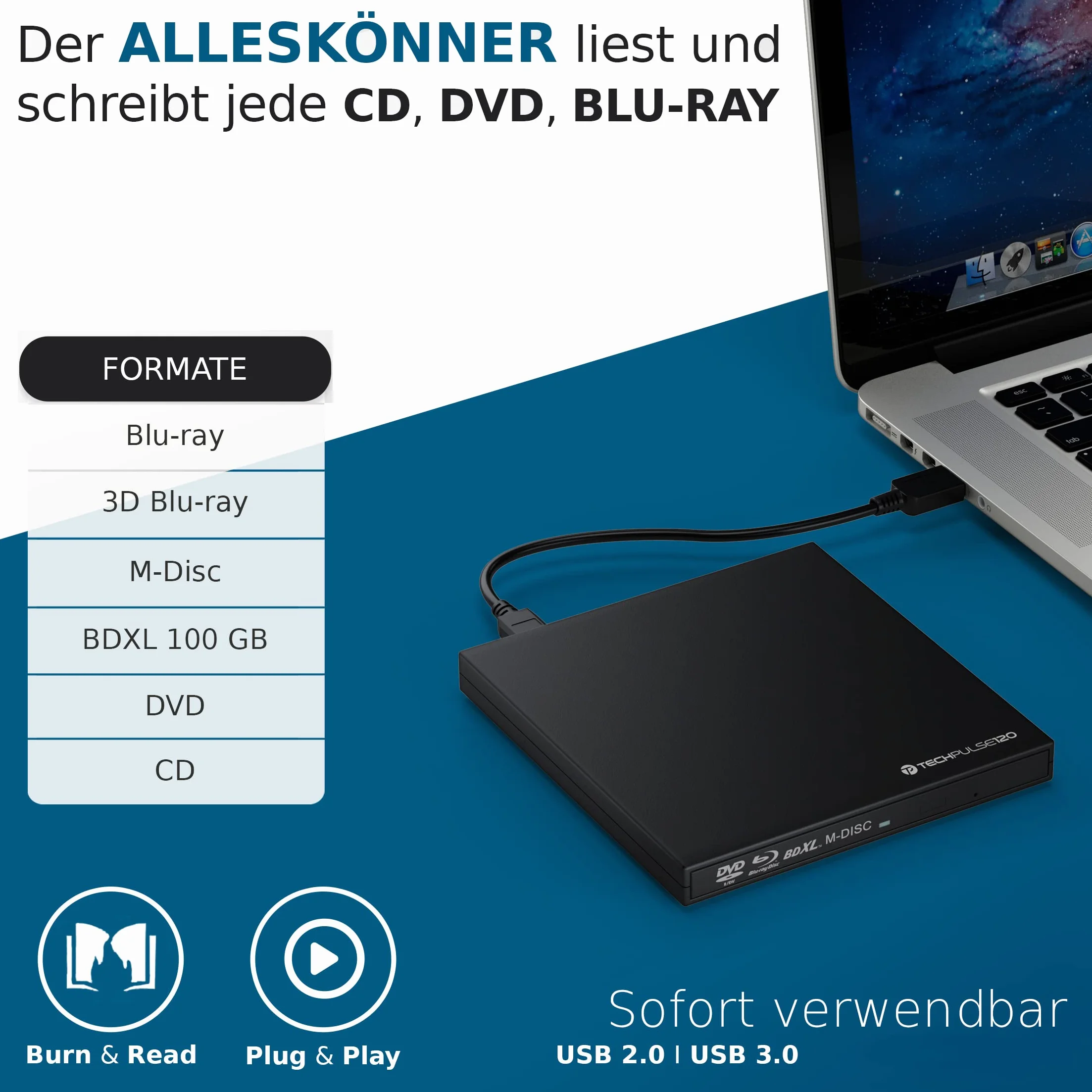 techPulse120 USB 3.0 3D Scrittore Lettore BDXL M-Disc Blu-Ray BD Masterizzatore Esterno Unità DVD Adattatore Burner SuperDrive per PC Laptop Notebook Ultrabook Computer Apple Macbook Pro Air