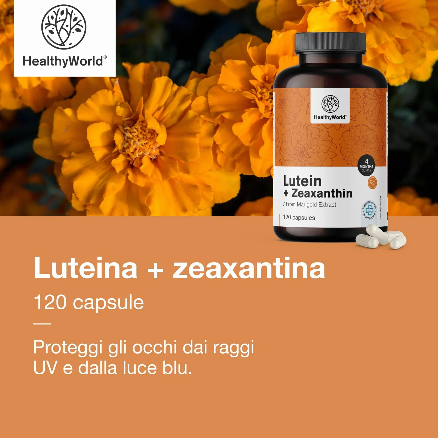 HealthyWorld® Luteina + Zeaxantina 120 Capsule Vegetali 32 mg Luteina 2 mg Zeaxantina Supporto Vista Occhi