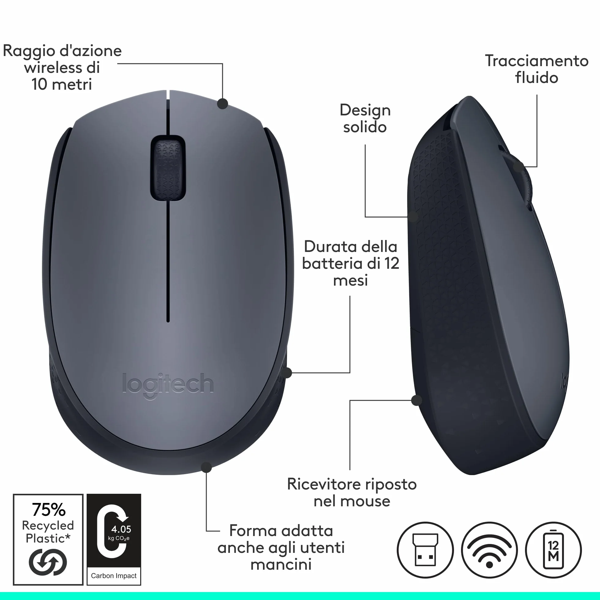 Logitech M170 Mouse Wireless 2.4 GHz Nano USB Ottico Ambidestro Grigio