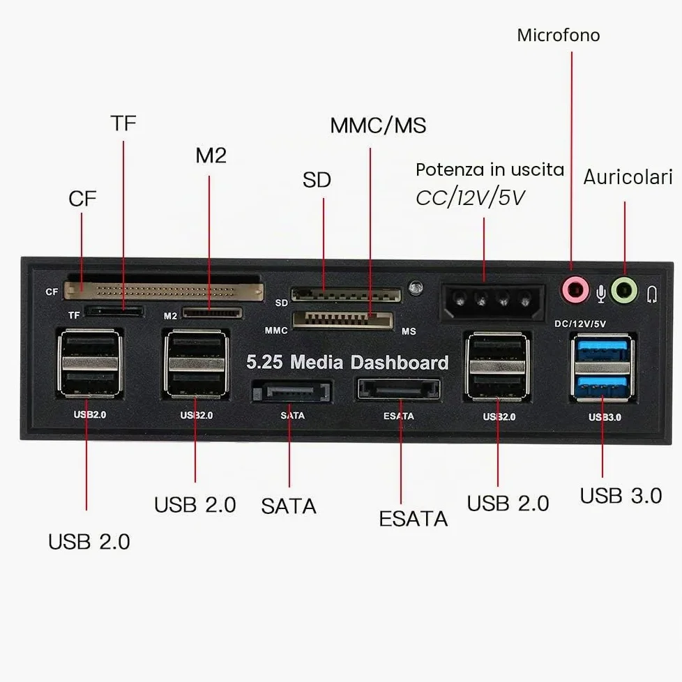 Scheda di memoria multifunzione USB 3.0 Hub eSATA SATA Lettore di schede interne PC Media Dashboard Media Pannello frontale per SD MS CF TF M2 Schede di memoria MMC Adatto a 5,25 "