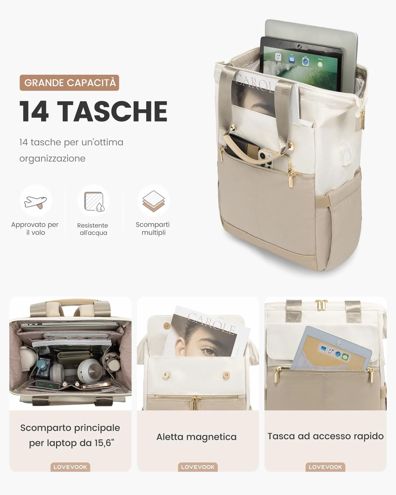LOVEVOOK Zaino Porta PC Donna 15,6 Pollici, Antifurto e Impermeabile, Con Porta USB per Lavoro, Università, Viaggi, Docente, Ufficio, Scuola