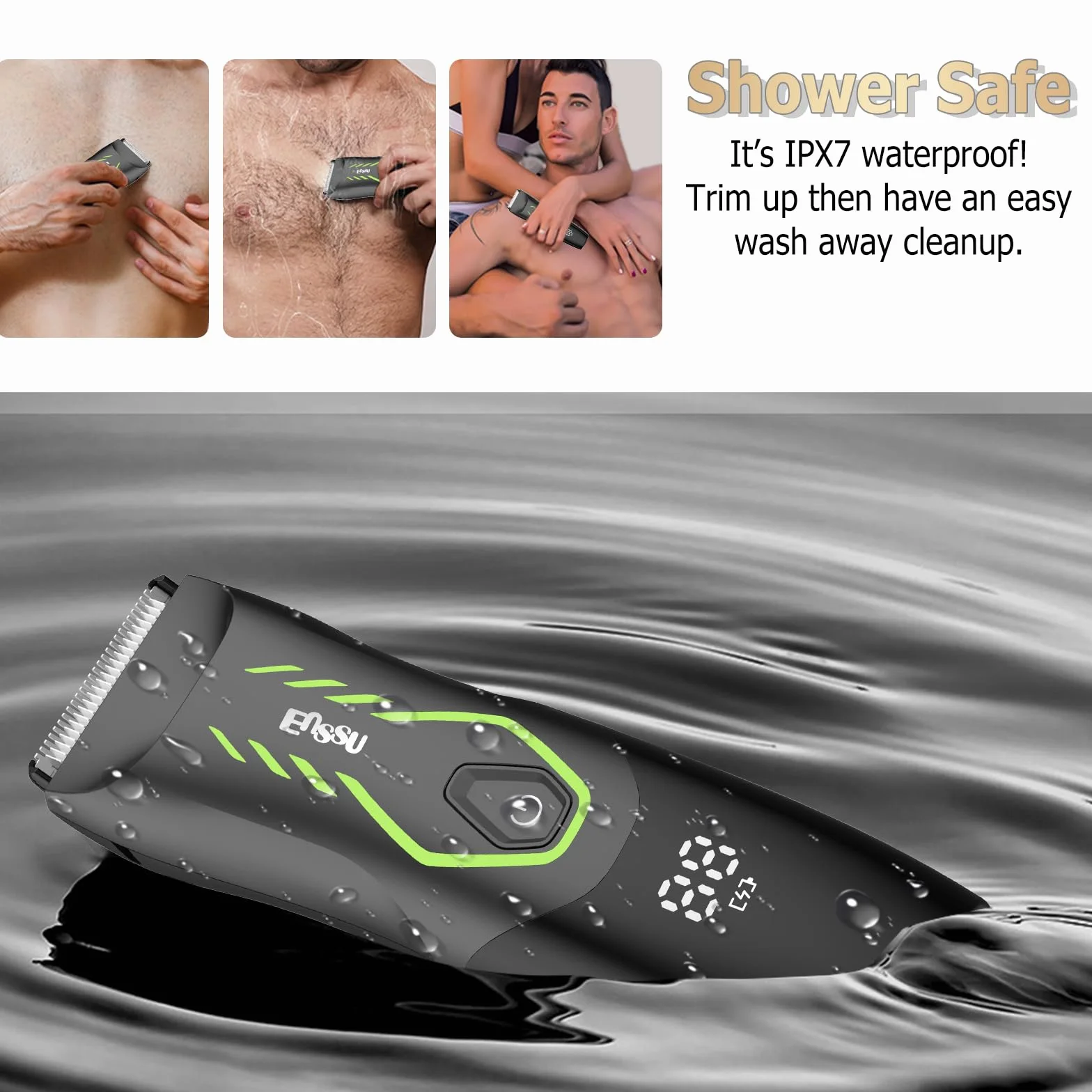 ENSSU Rasoio per peli del corpo uomo senza fili impermeabile con luce e dock di ricarica LED verde