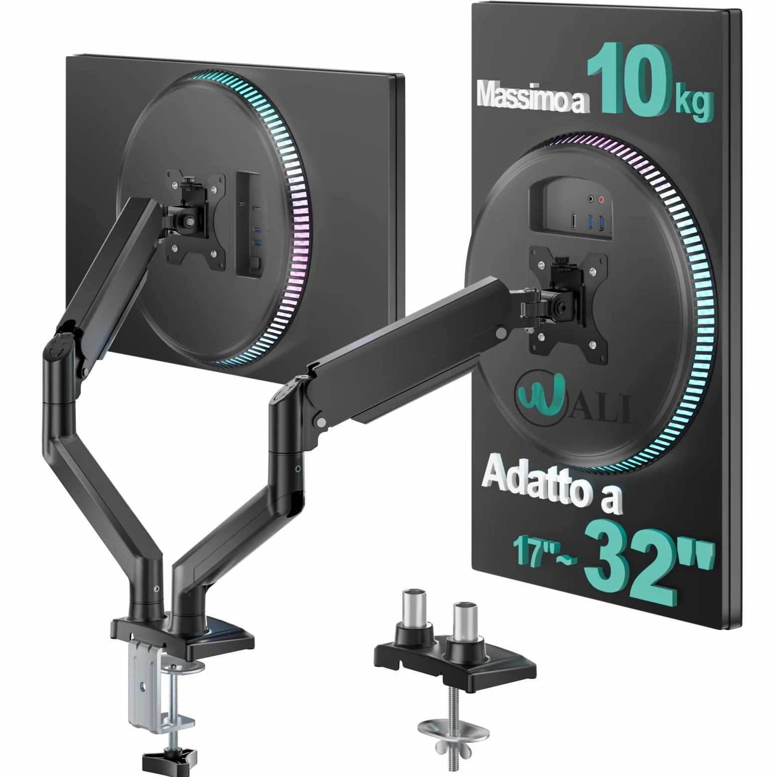 WALI Supporto per doppio monitor, supporto da scrivania regolabile con molla a gas per 2 monitor, braccio per monitor resistente fino a 34 pollici, supporta fino a max 9 kg, fori di montaggio massimi