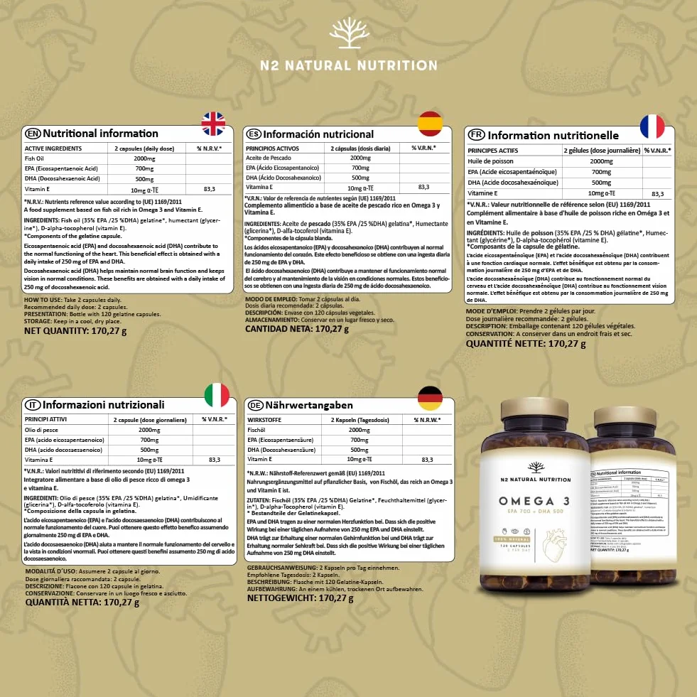 Omega 3 Olio di Pesce 2000 mg EPA 700 mg DHA 500 mg Integratore con Vitamina E 120 Softgel N2 Natural Nutrition