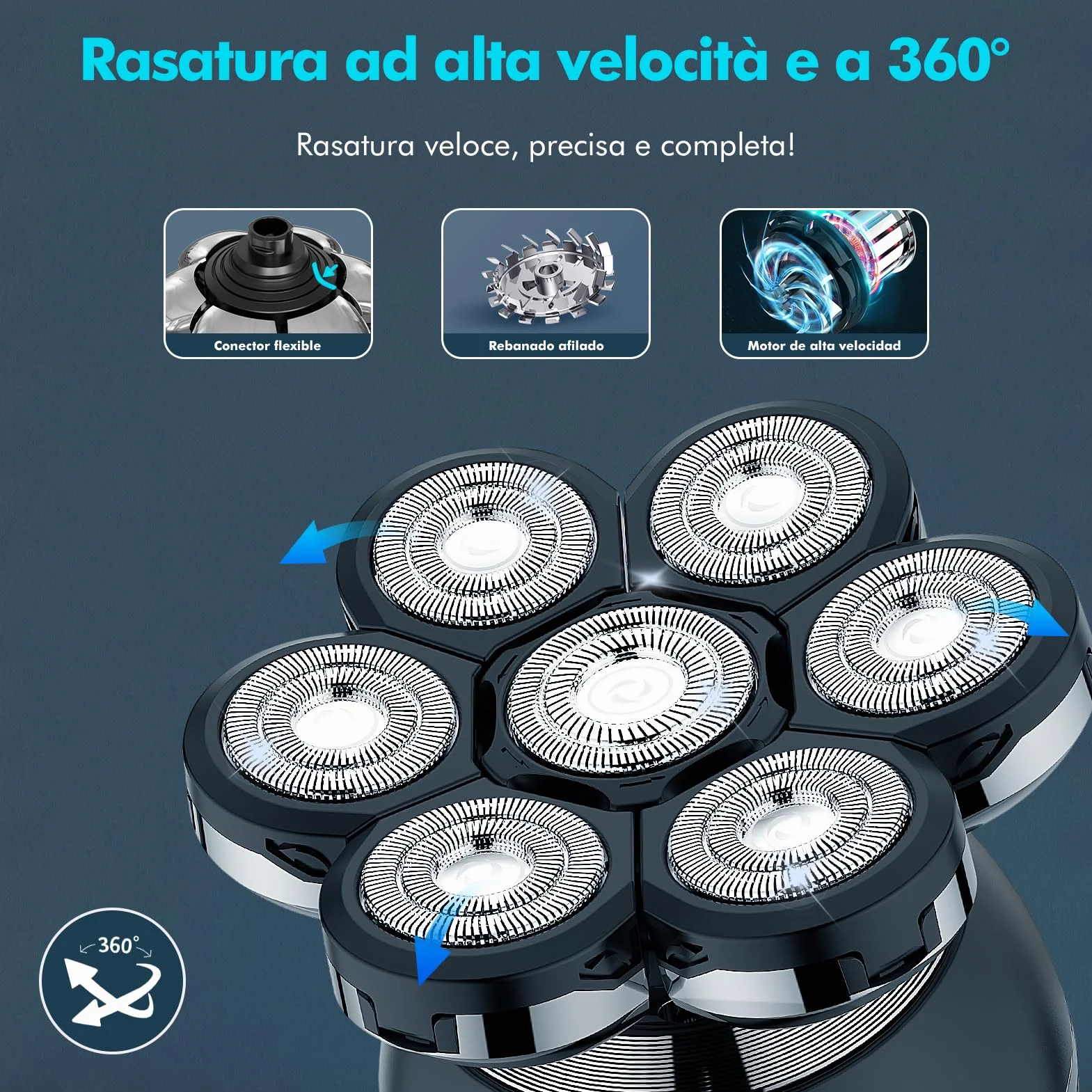 7D Rasoio Elettrico Barba Testa Calva Uomo IPX7 Impermeabile 6 in 1 con Display LED 9 Kit di Bellezza