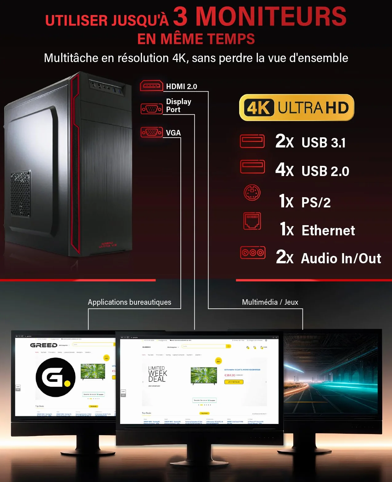 GREED® Ultra V2 PC fisso AMD Ryzen 7 5700G 8 Core - Desktop veloce computer per ufficio e casa con 4,6 GHz, 16 GB RAM/Memoria - Disco SSD da 1 TB + HDD da 1 TB - DVD+RW - USB3.1 - Wi-Fi, incl. W11 Pro
