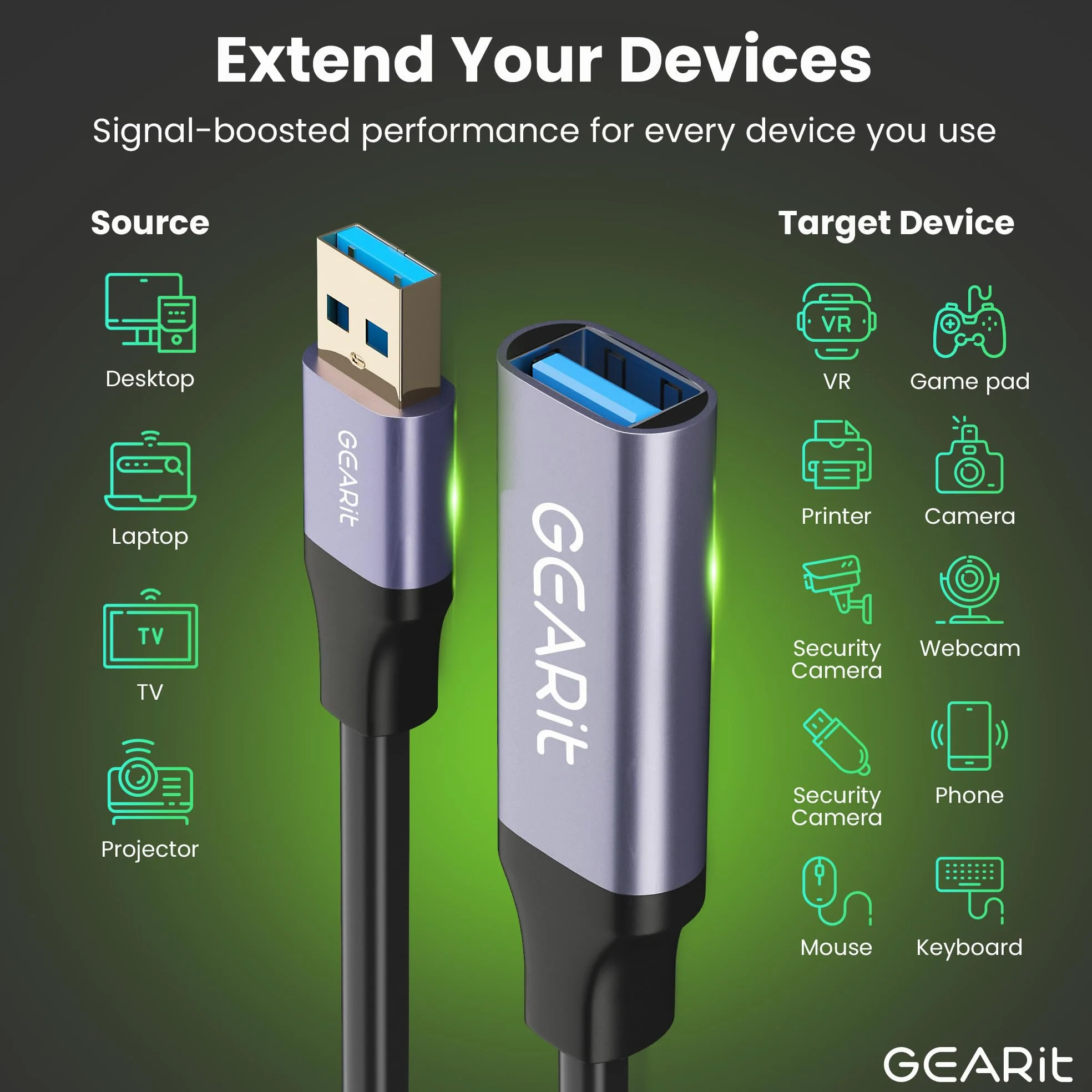GEARit Cavo di prolunga attivo USB 3.0 (9,1 m), da maschio A a femmina A, ripetitore USB con ripetitore di segnale per Oculus Rift, Quest Link, Xbox 360 Kinect, PlayStation, stampante, webcam, 9,1 m
