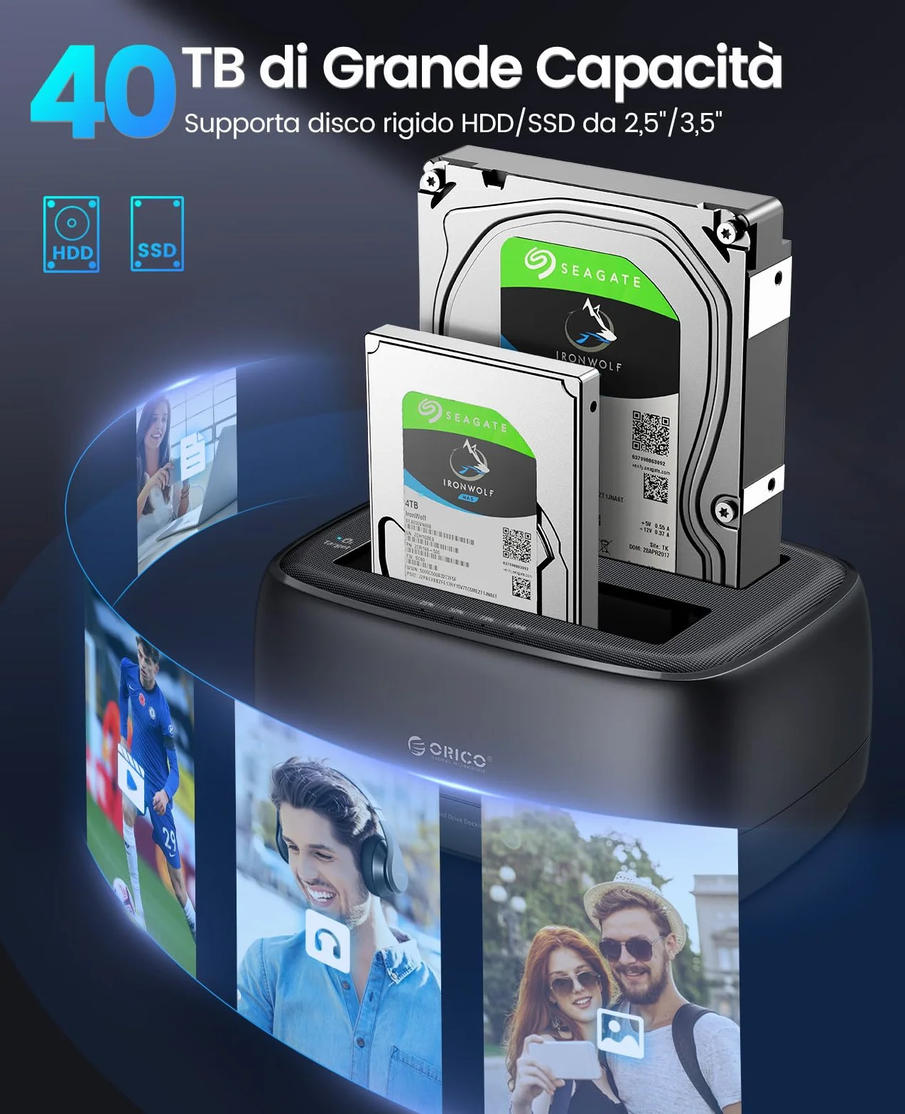 ORICO Dual Bay Docking Station USB 3.2 Gen1 per HDD SSD SATA 2,5 e 3,5 Pollici, Case Esterno Fino a 40TB con UASP (DD28C3)