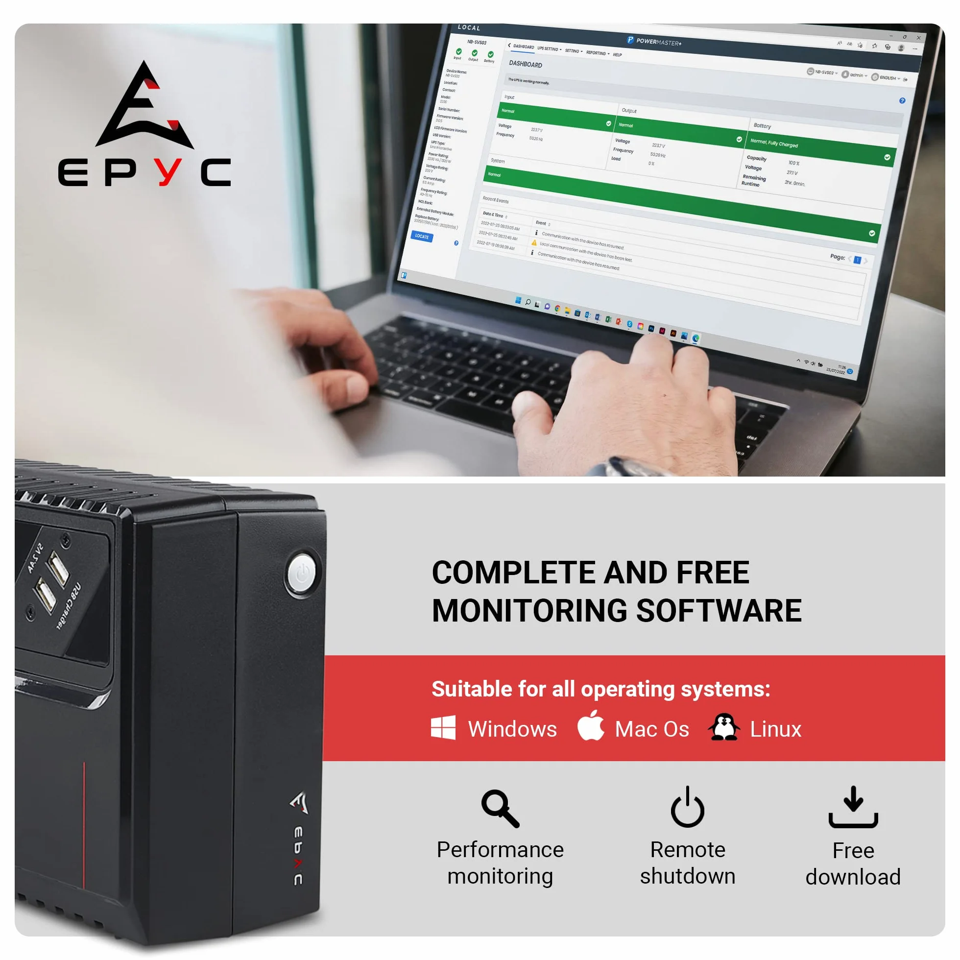 EPYC® TETRYS - UPS a Ciabatta Multipresa, Potenza 850VA/480Watt, Gruppo di Continuità per PC, Tecnologia Line Interactive, AVR, 3 Uscite Schuko, Doppio Caricabatterie Smartphone e Tablet, UPS 800VA