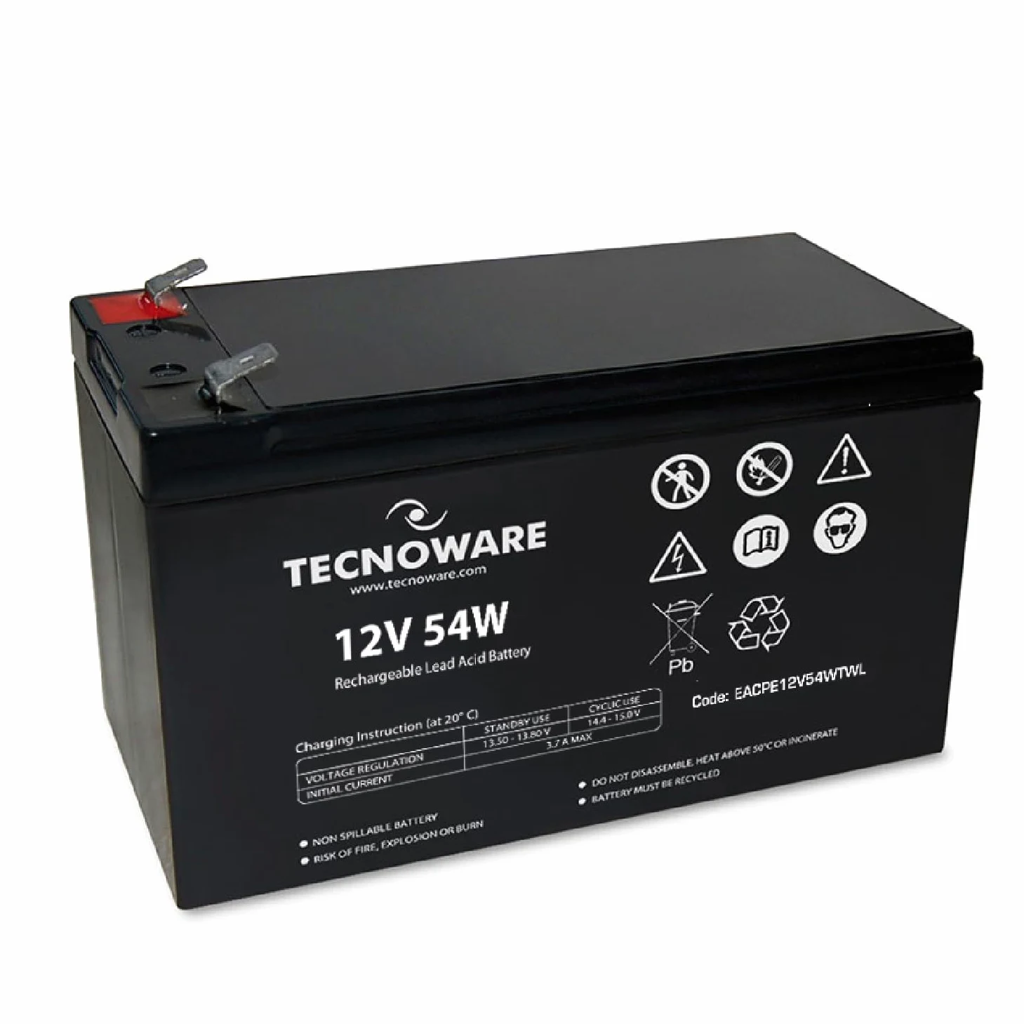 Tecnoware Batteria Ermetica al Piombo 12 V Capacità 54 W - per UPS, Sistemi di Videosorveglianza e Allarme - Attacco Faston 6.3 mm - Dimensioni 15,1 x 9,4 x 6,5 cm