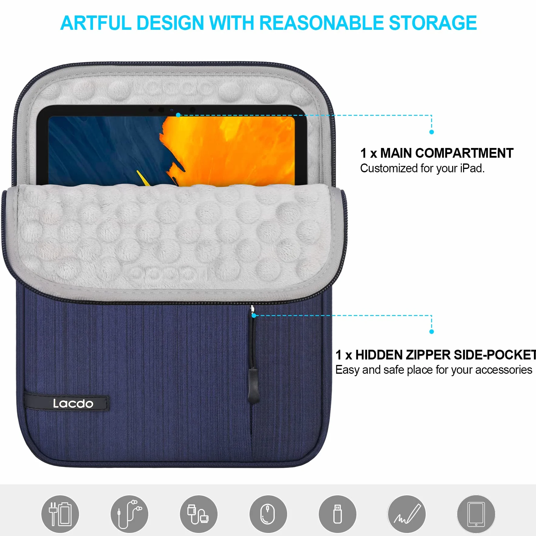 Lacdo Custodia Protettiva Borsa Tablet per 11" iPad A16, 11" iPad Air M4 M3 M2, 11" iPad Pro M5 M4, 10.9" 10.2" ipad, 11" ipad Pro, 10.9" ipad Air 5 4, 10.5" iPad pro, Samsung Galaxy Tab A9+, Blu