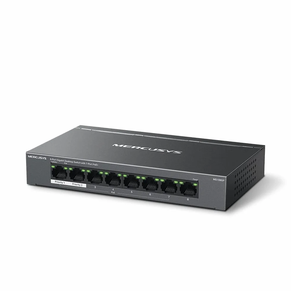 TP-Link Mercusys MS108GP PoE+ Switch 8 Porte Gigabit con 7 PoE+, 30W per Porta PoE, 65W su Tutte le Porte, 802.3af/at, Cassa in Metallo, Durevole e Silenzioso, Sdoppiatore Ethernet, Plug&Play