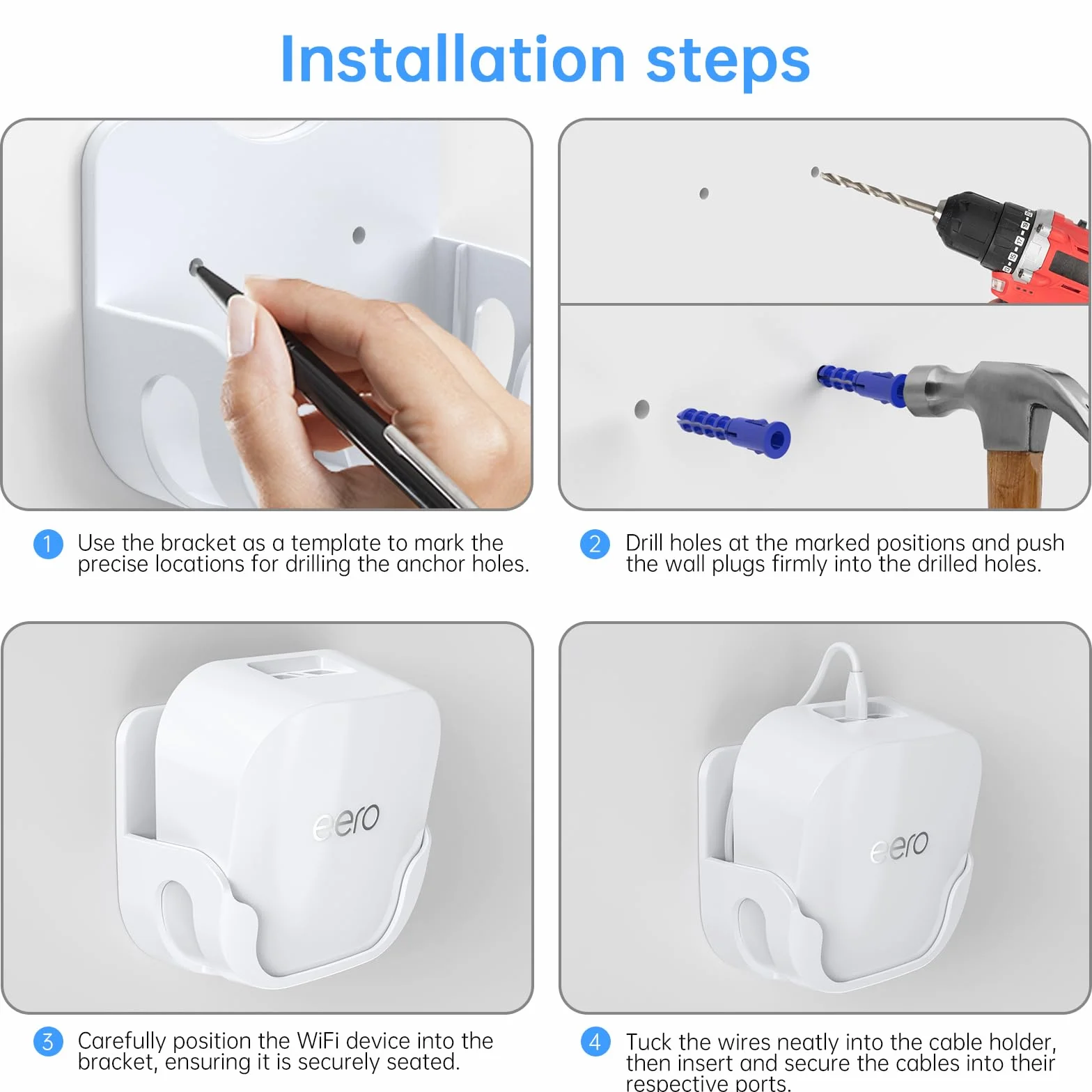 Eero 7 kit di montaggio a parete, staffa di montaggio ottimizzata spazio e accessori per la gestione dei cavi, eeros Wifi 7, compatibile con router Wi-Fi 7 a doppia banda